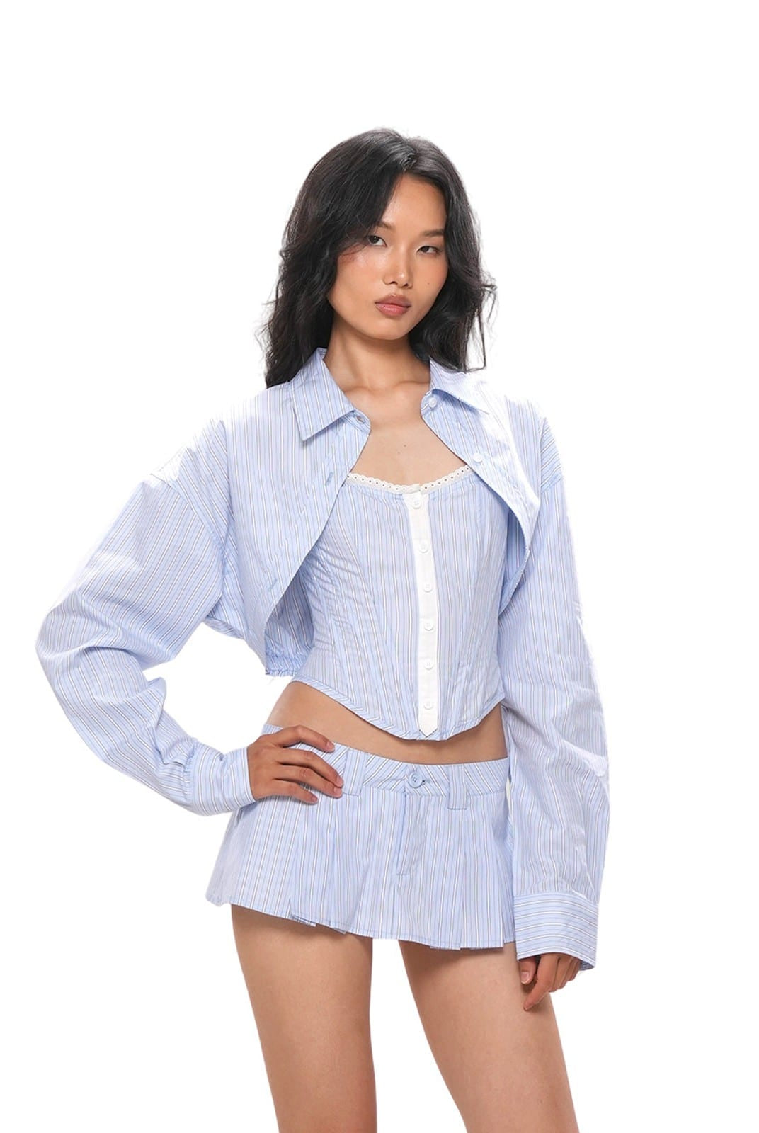 SweetChilling Striped Strapless Corset Top in Blue - On Female Model