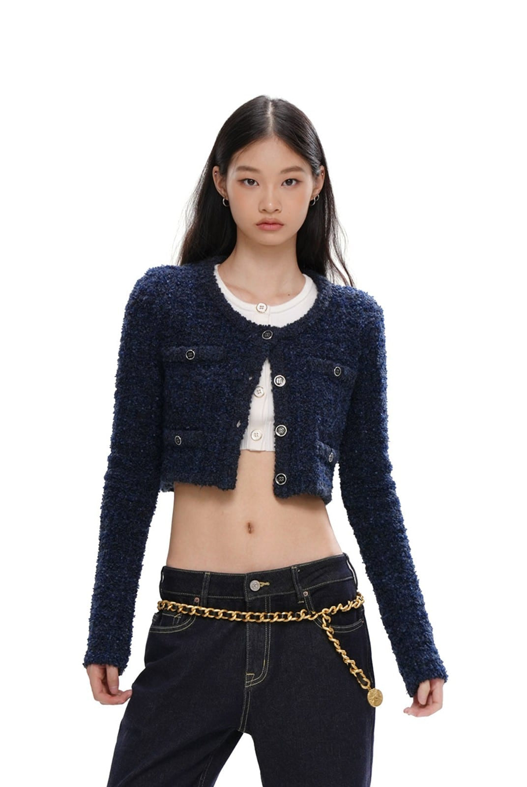 SweetChilling Textured Cropped Crew Neck Cardigan in Navy Blue - On Female Model