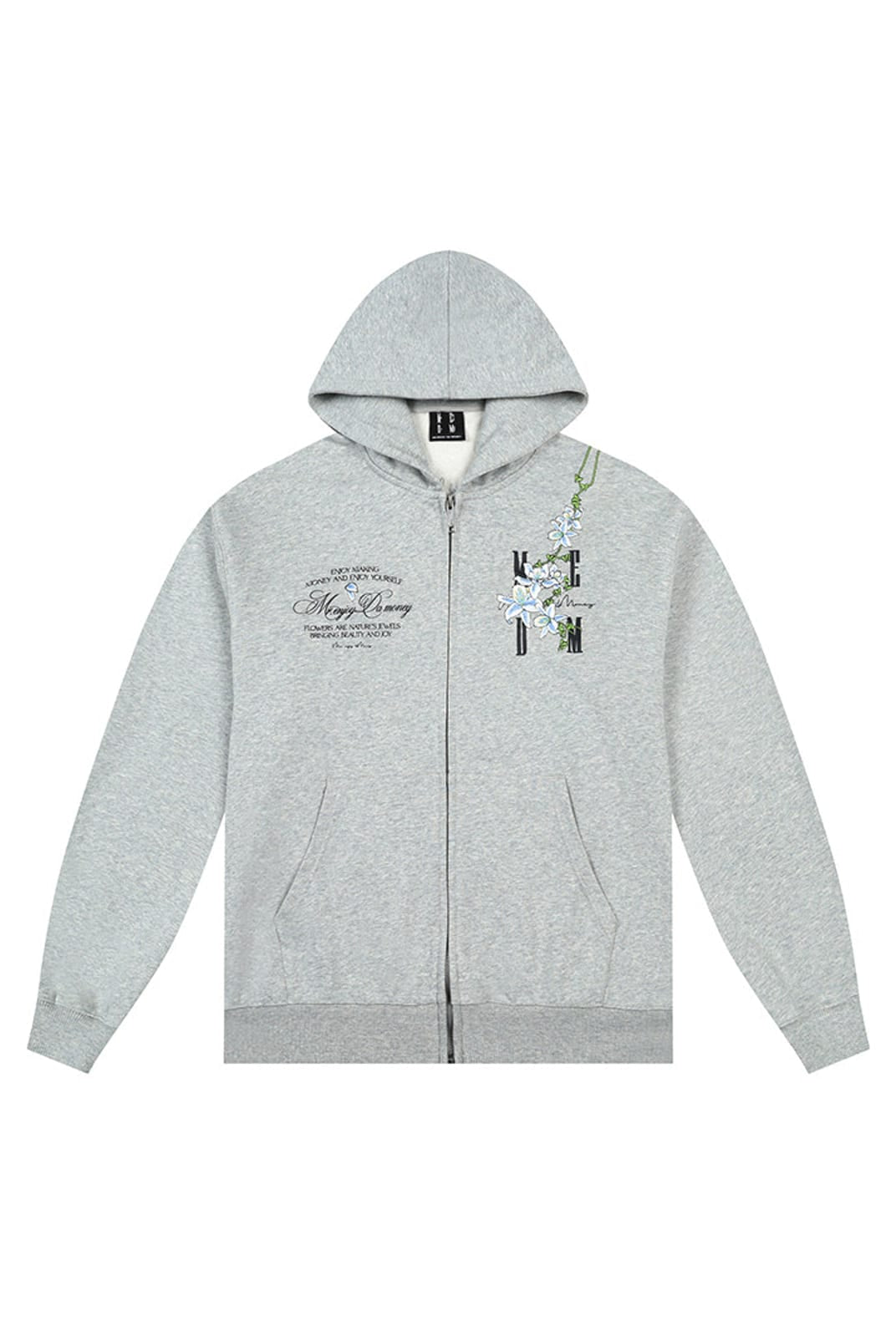MEDM Floral Embroidered Zip Up Hoodie in Gray