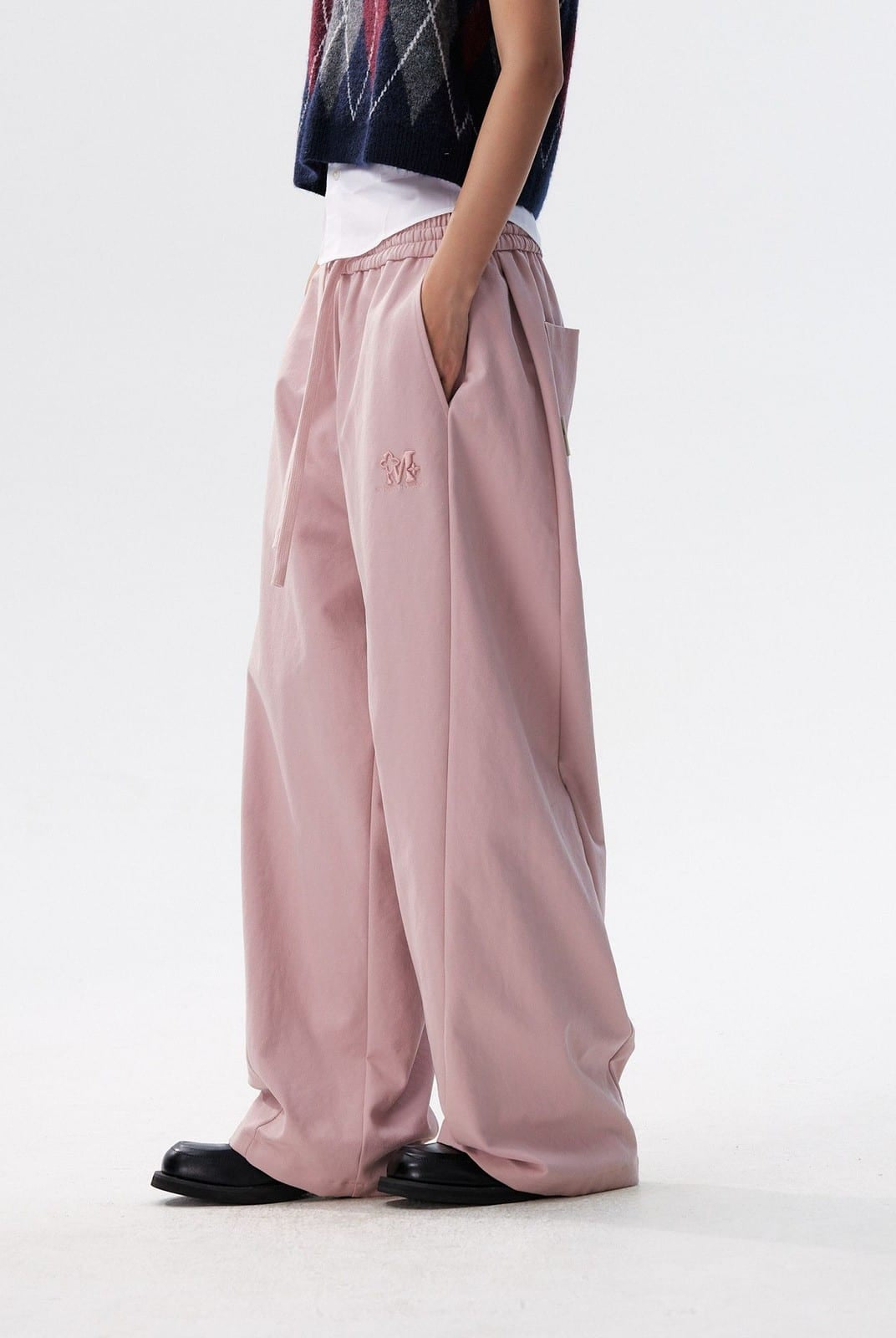MEDM Spliced Drawstring Wide Leg Trousers in Pink - On Model
