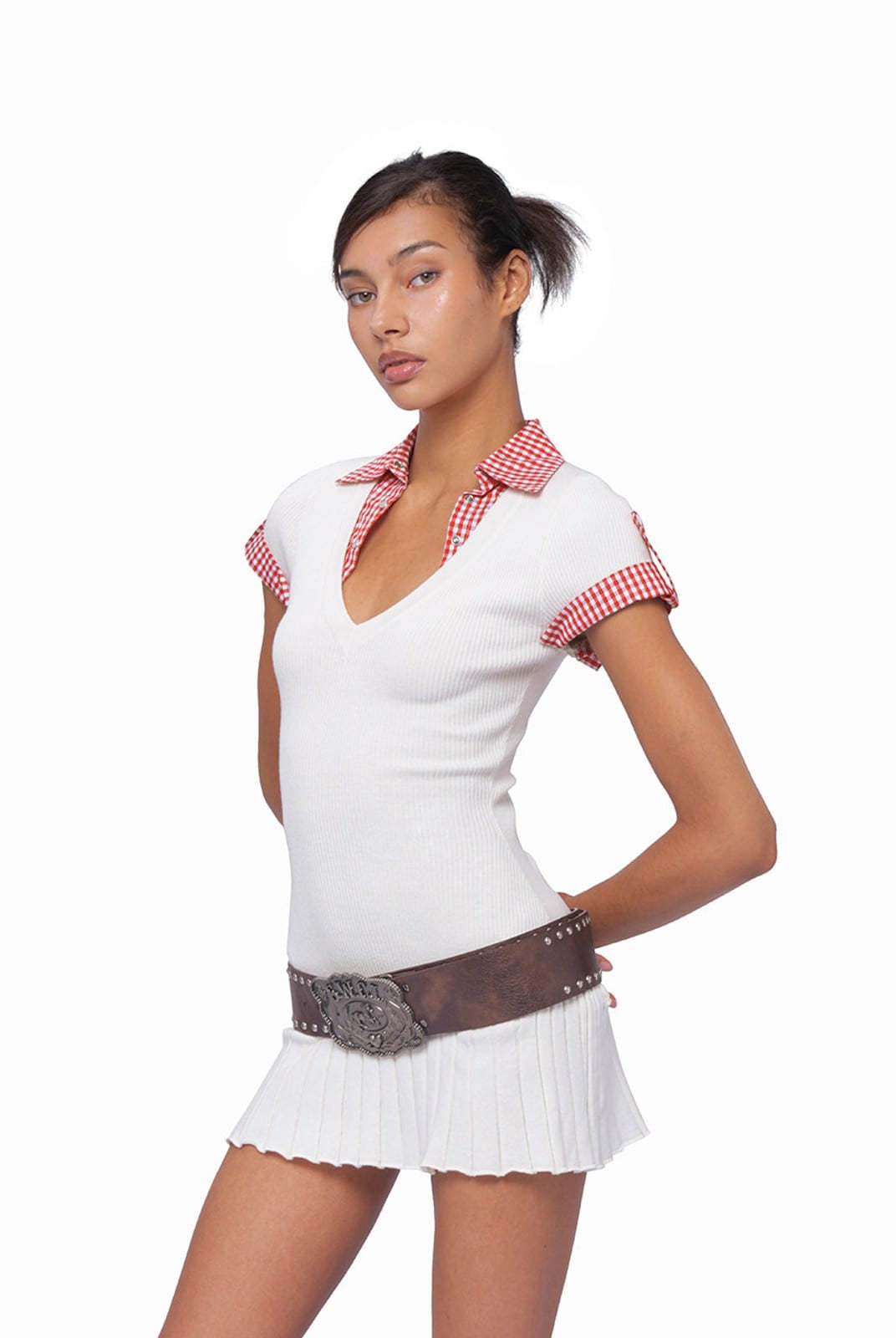 SweetChilling Mock Two Piece Cotton Dress with Belt in Black - On Female Model