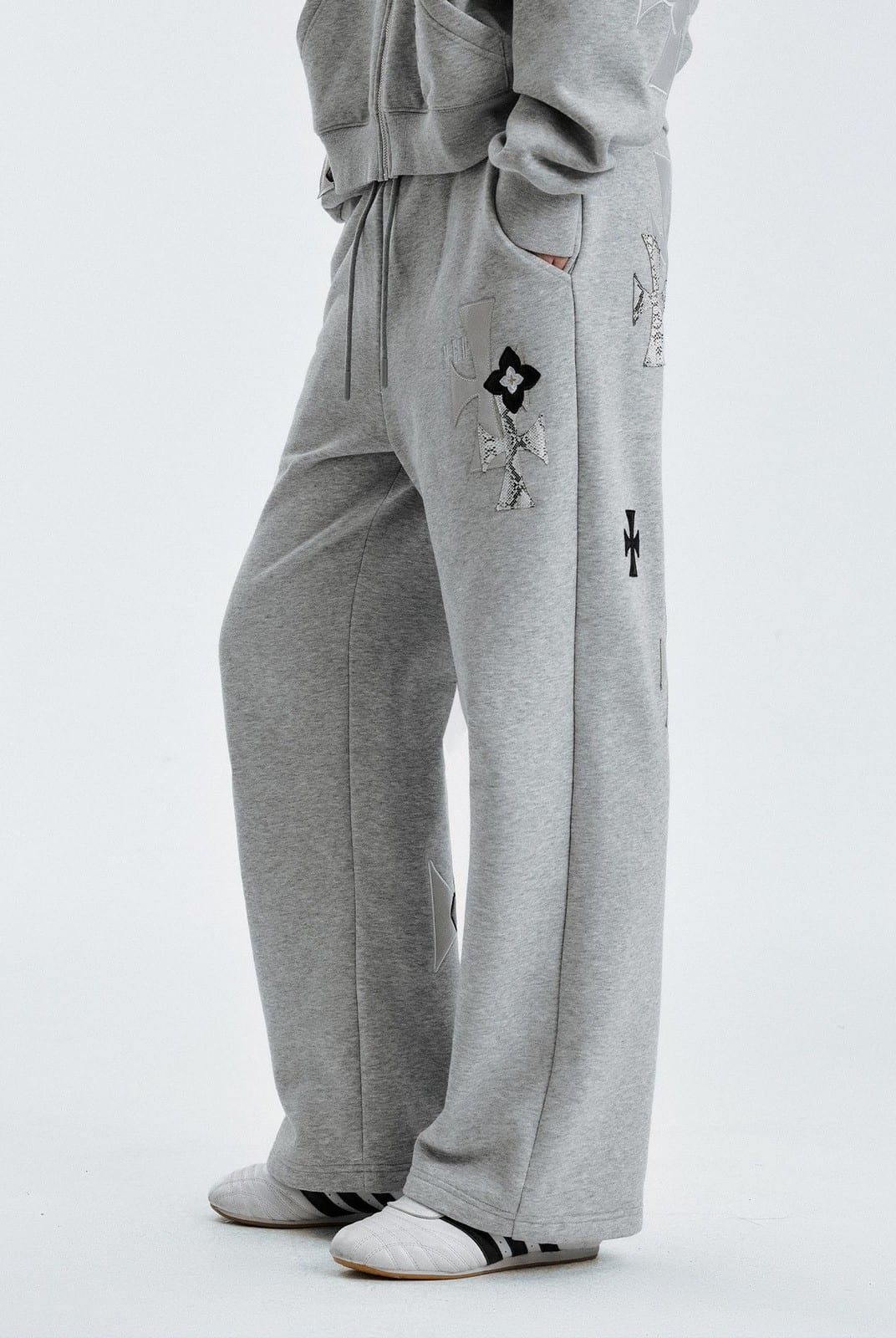 MEDM Leopard Leather Patch Drawstring Pants in Gray - On Model
