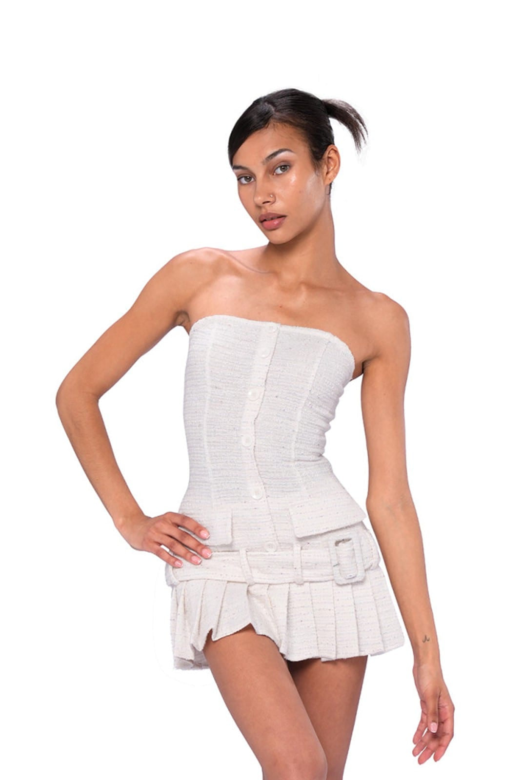 SweetChilling Tweed Effect Pleated Mini Dress in White - On Female Model