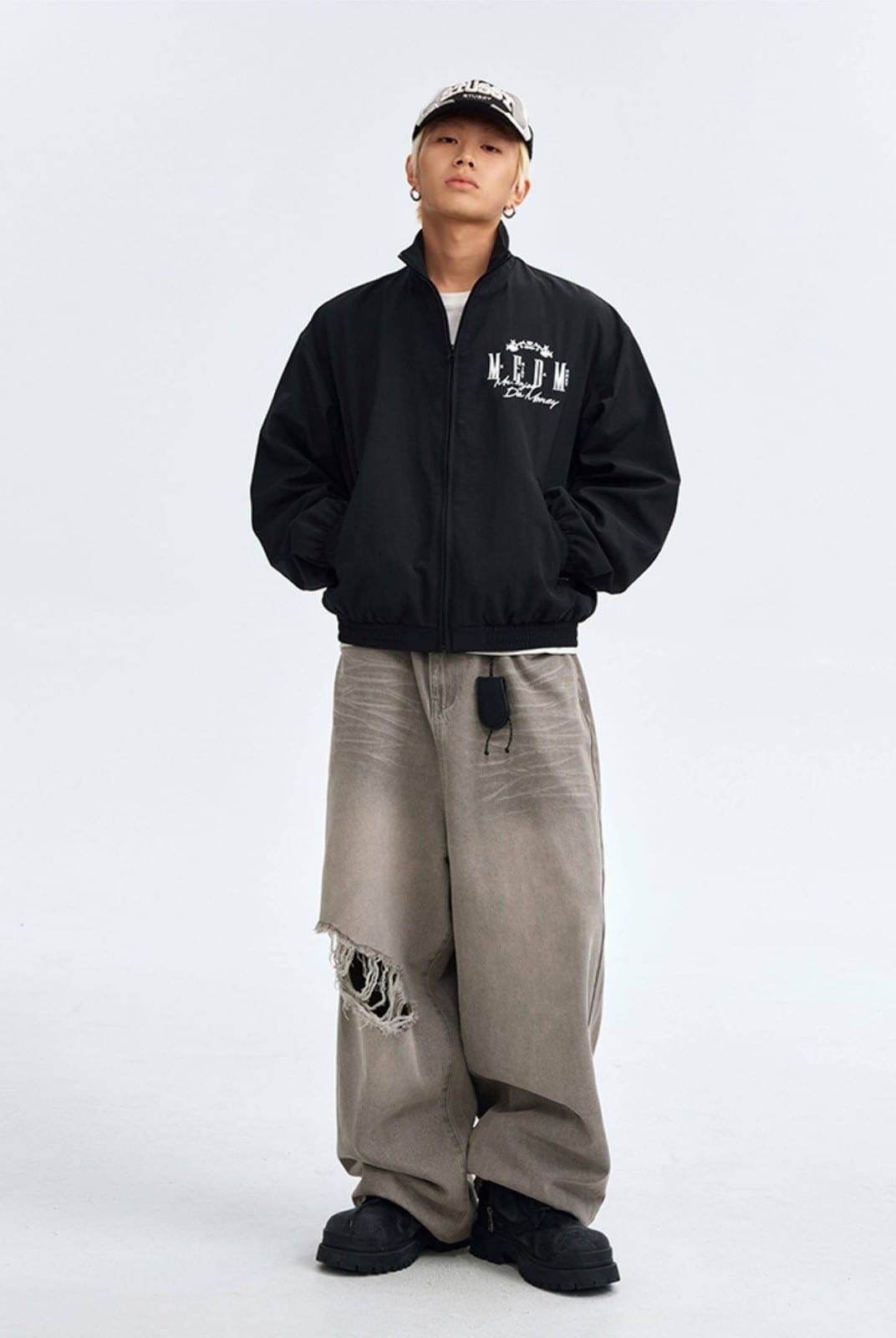 MEDM Nylon Stand Collar Coach Jacket in Black - On Male Model