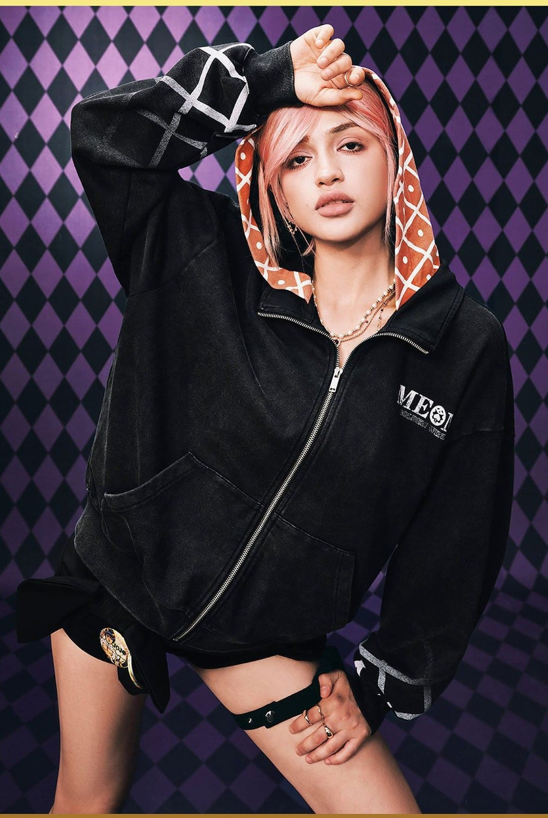 MEDM Guido Mista Graphic Zip Up Hoodie in Black - On Female Model