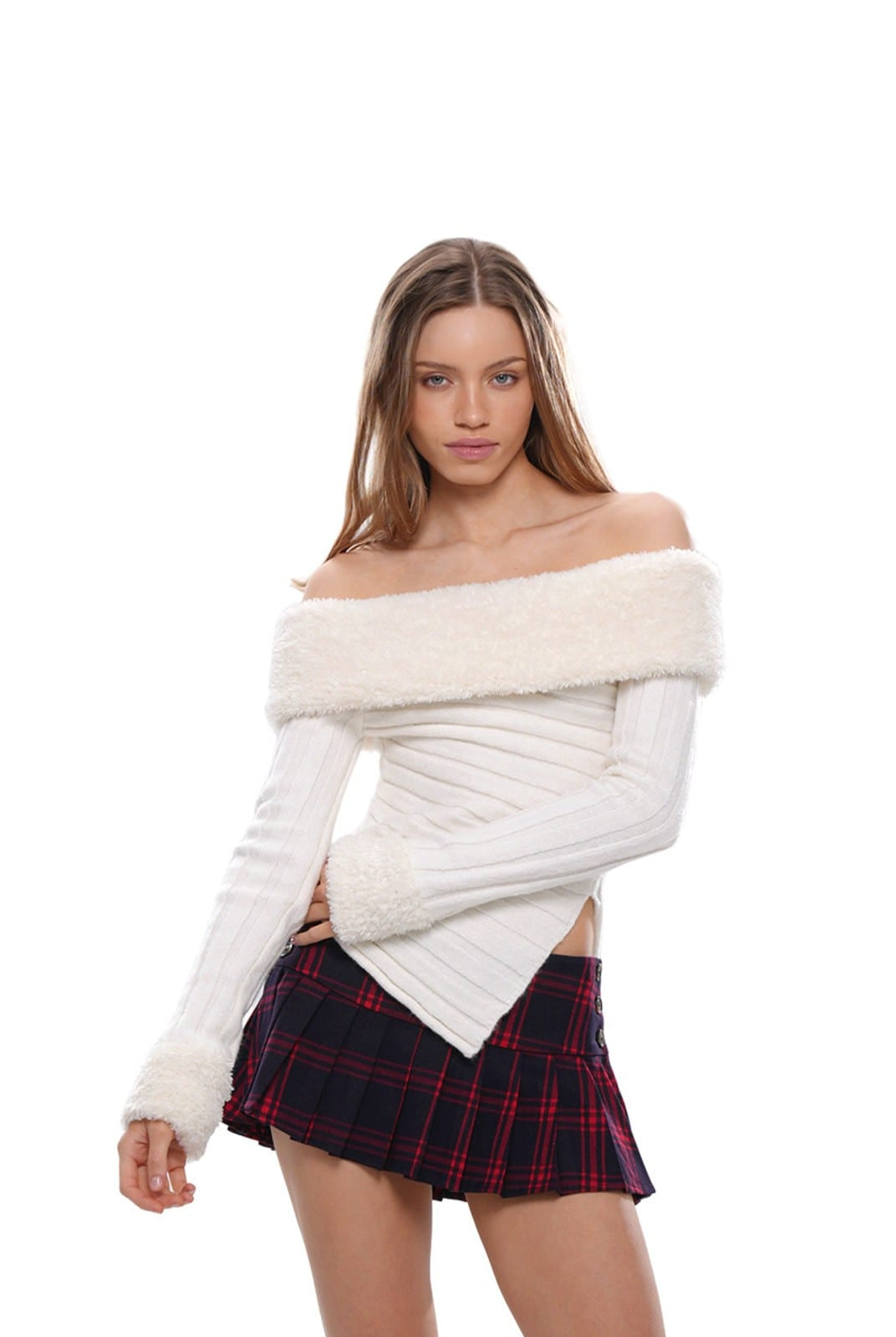 SweetChilling Faux Fur Trim Off The Shoulder Sweater in White - On Female Model