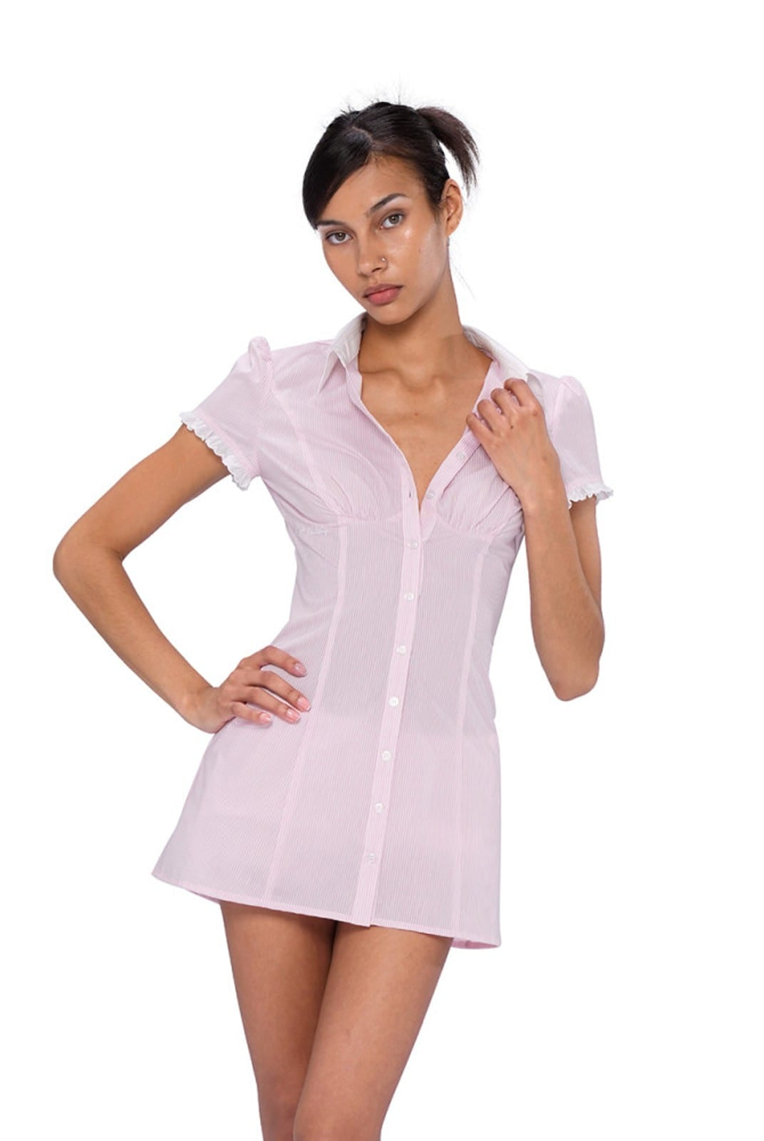 SweetChilling Fitted Cotton Blend Shirt Dress in Pink - On Female Model