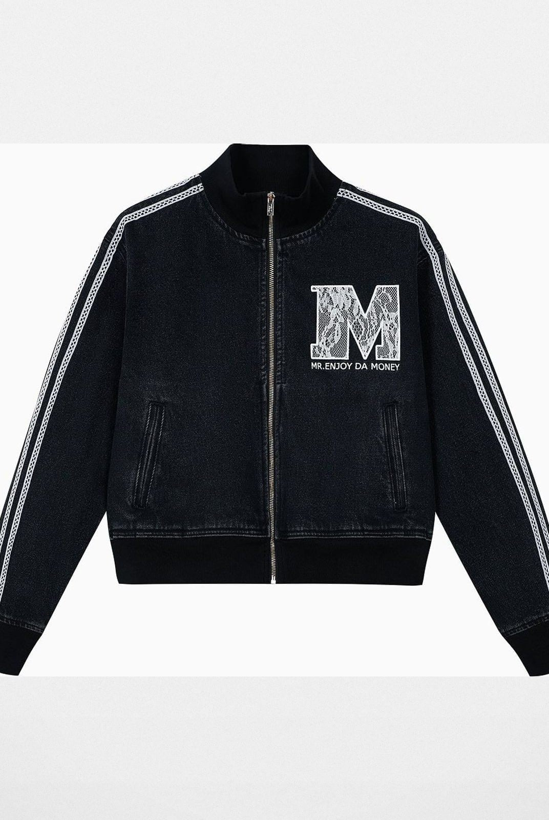 MEDM Lace Trim Stand Collar Denim Jacket in Black