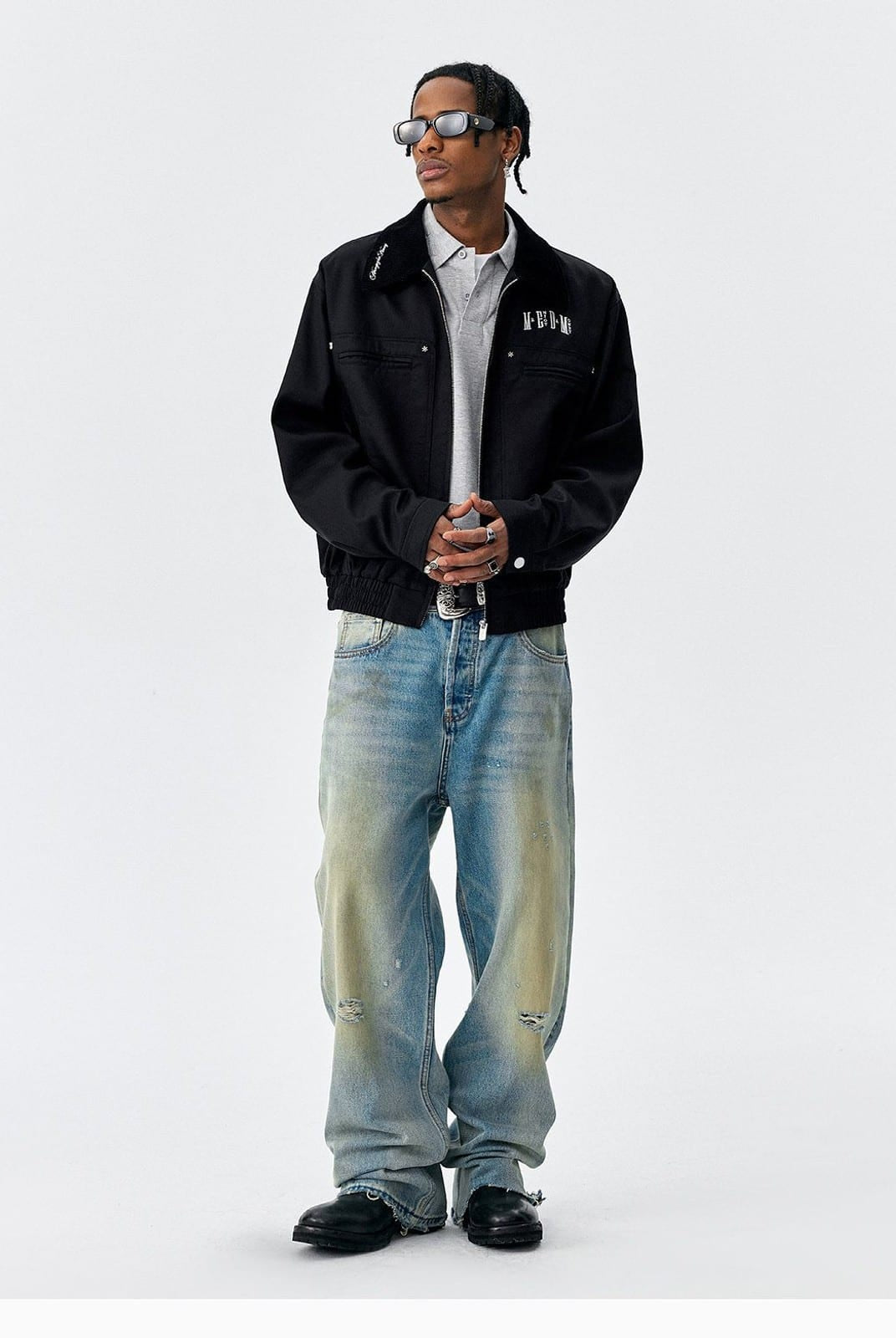 MEDM Embroidered Harrington Jacket in Black - On Male Model