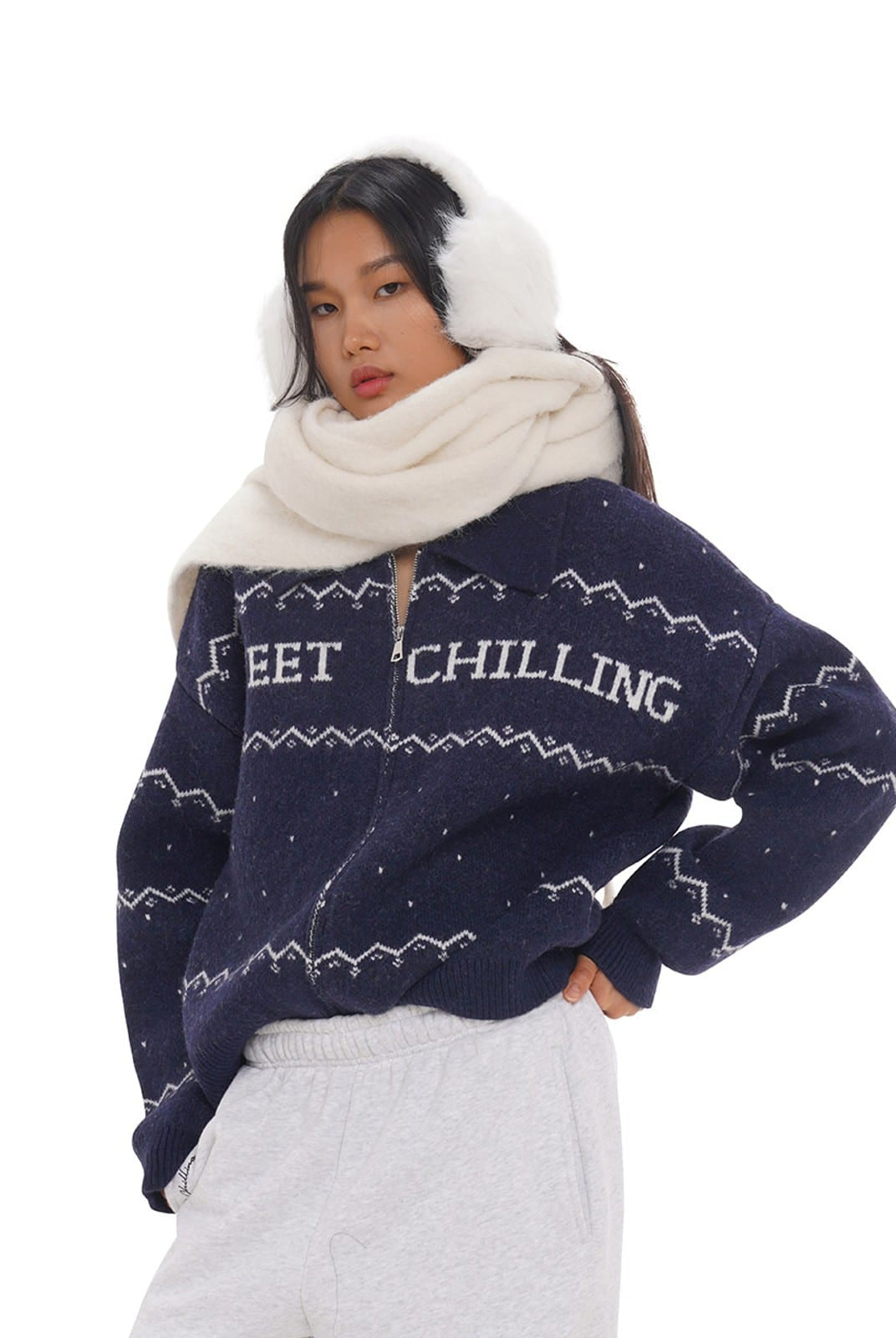SweetChilling Fair Isle Zip Up Knit Jacket in Navy Blue - On Female Model