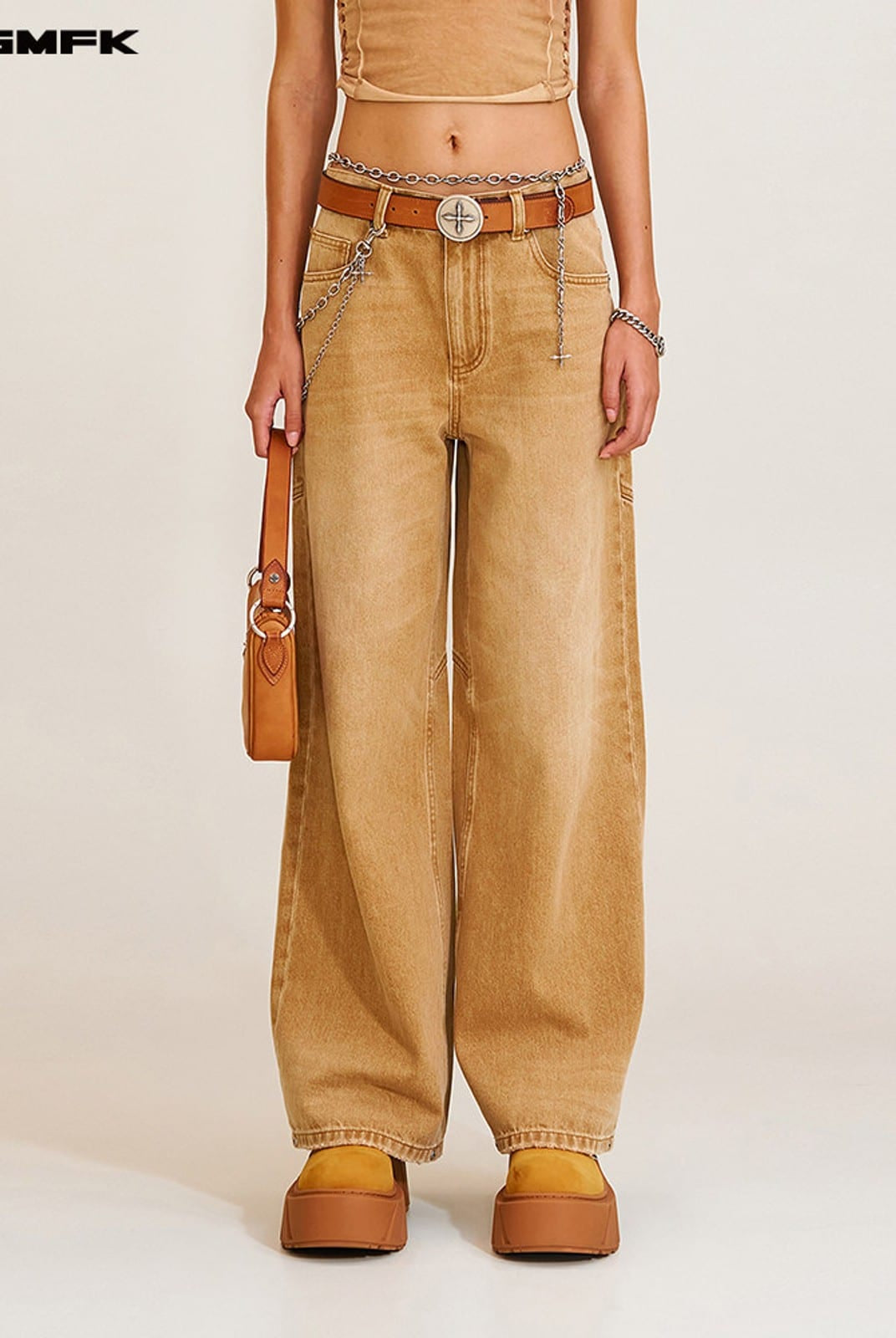 SMFK Distressed Dirty Wash Wide Leg Jeans in Brown - On Female Model