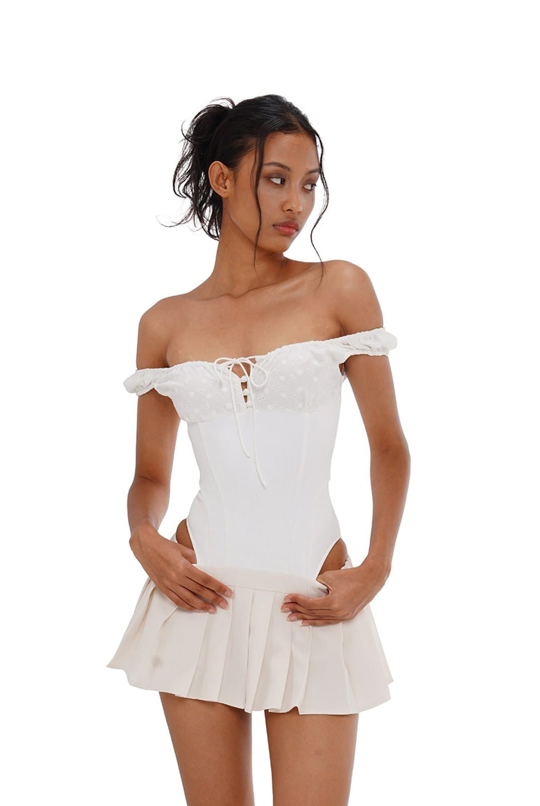 SweetChilling Sporty Paneled Cutout Pleated Mini Dress in White - On Female Model