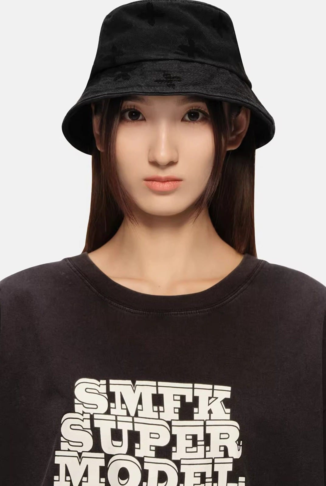 SMFK Distressed Frayed Denim Bucket Hat in Black - On Female Model