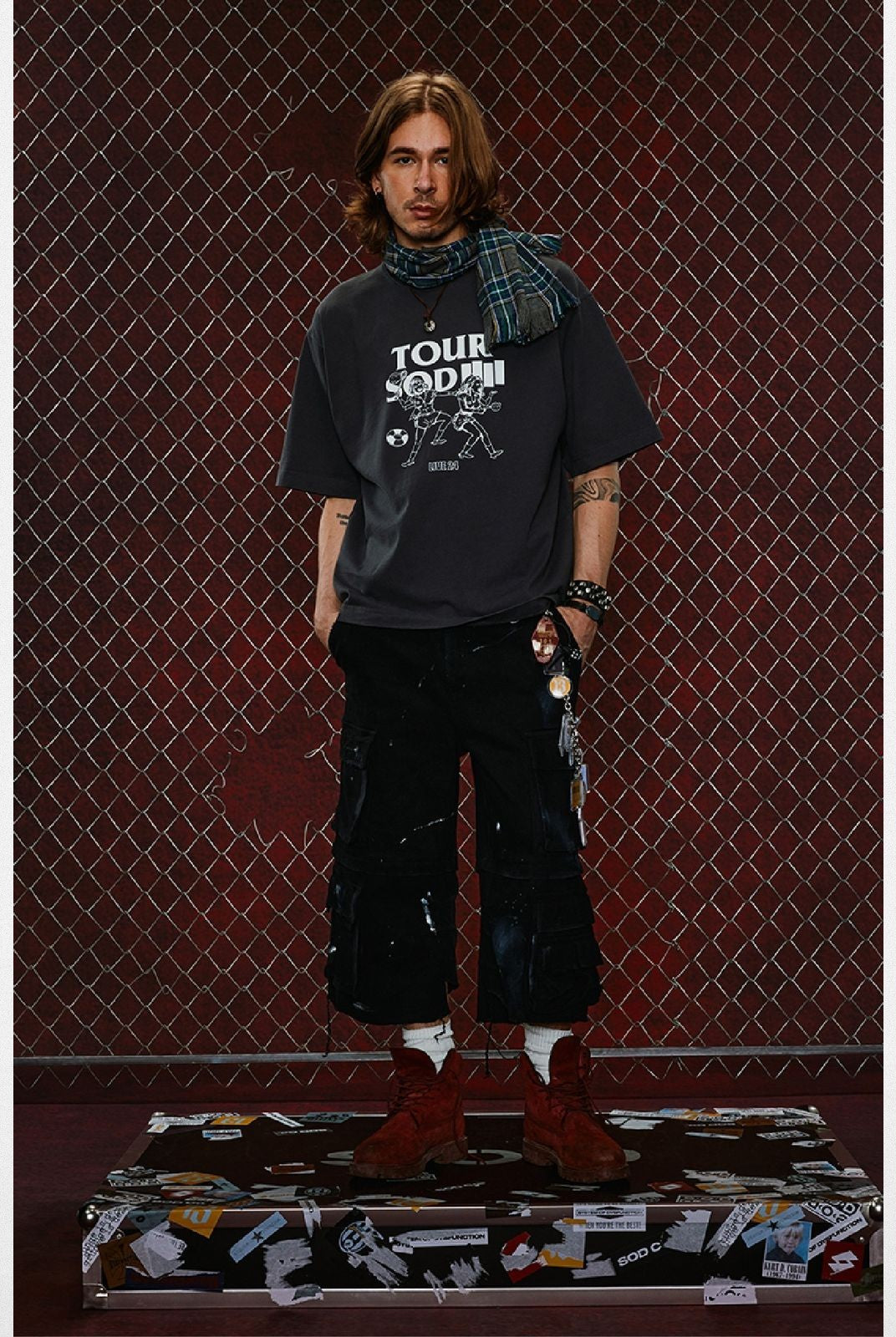 SOD Vintage Wash Tour Graphic T Shirt in Gray - On Male Model