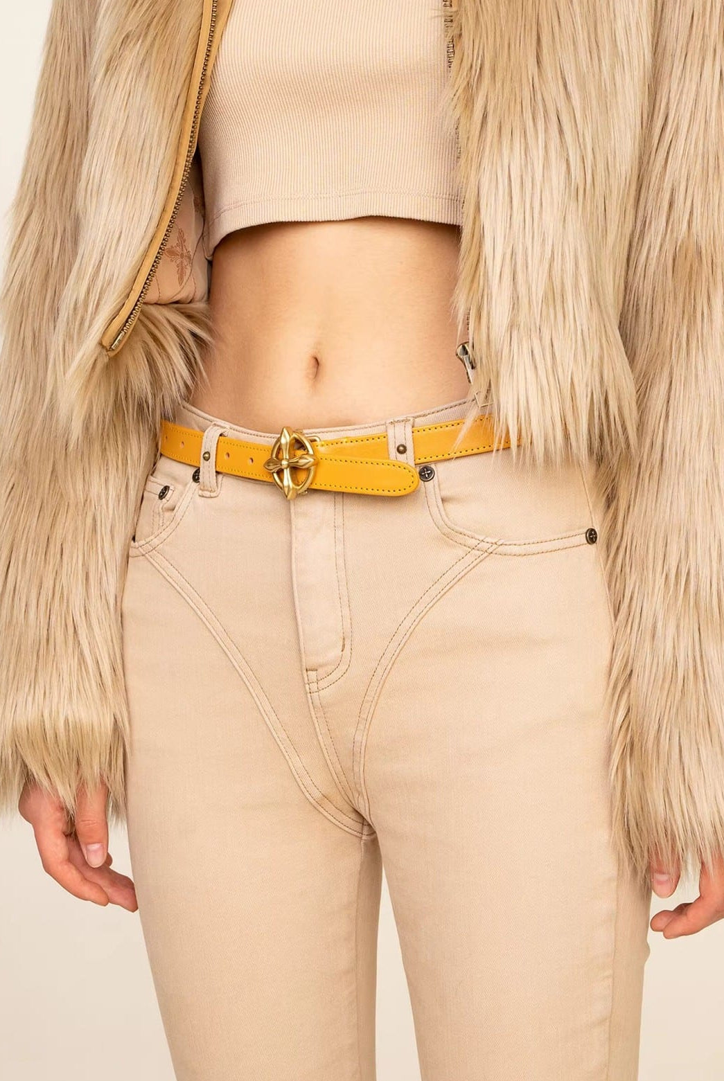 SMFK Cross Totem Hand Burnished Leather Belt in Mustard - On Female Model