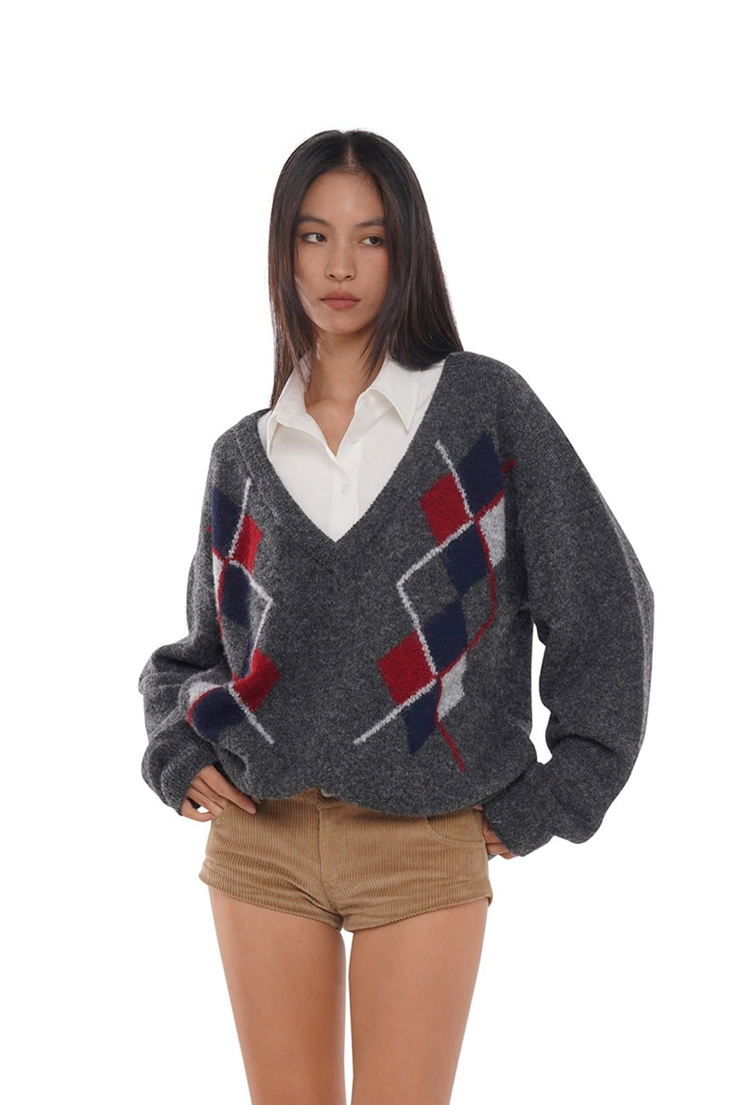 SweetChilling Argyle Jacquard V Neck Sweater in Gray - On Female Model