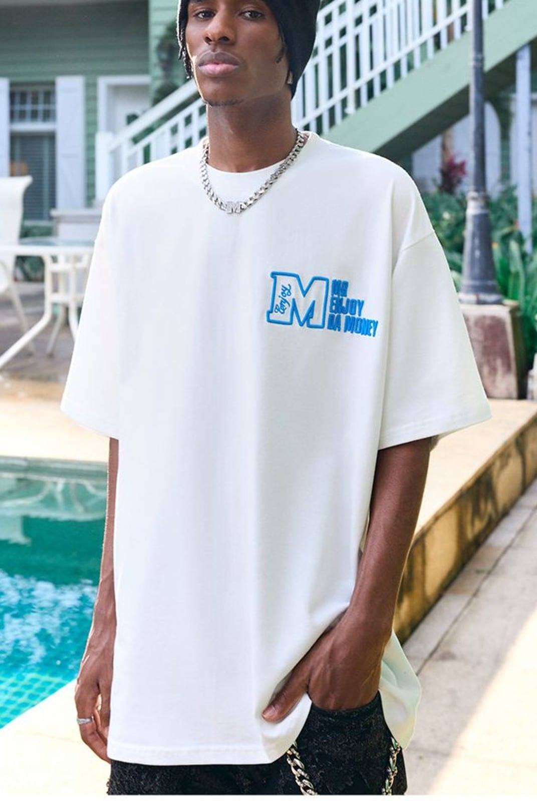 MEDM Half Sleeve Cotton Logo T Shirt in White - On Male Model