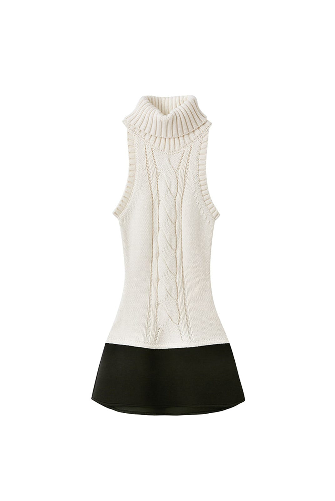 SweetChilling Paneled Cable Knit Turtleneck Dress in White