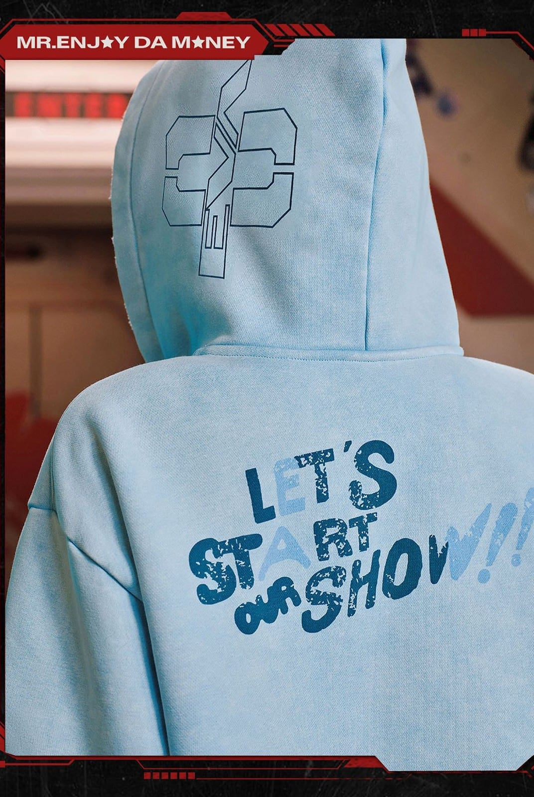 MEDM Evangelion Distressed Zip Up Hoodie in Sky Blue - On Model