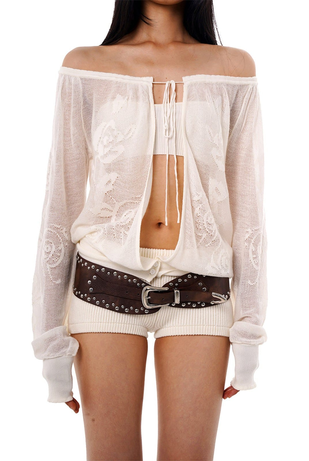 SweetChilling Sheer Jacquard Tie Front Cardigan in Off-White - On Female Model