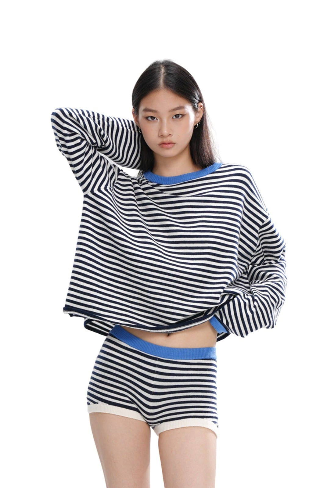 SweetChilling Striped Wool Blend Crewneck Sweater in White - On Female Model