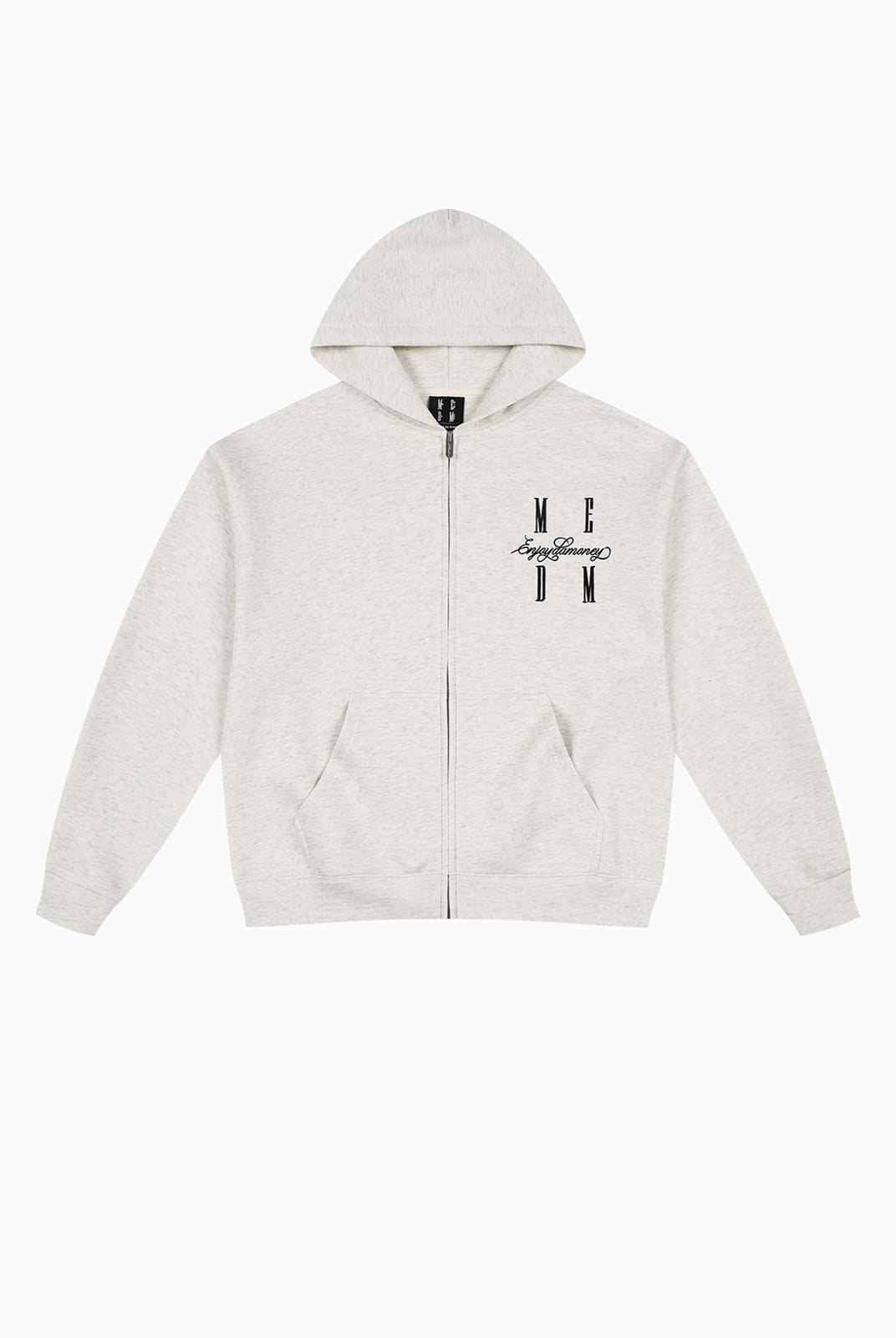 MEDM Embroidered Cotton Blend Zip Up Hoodie in Beige