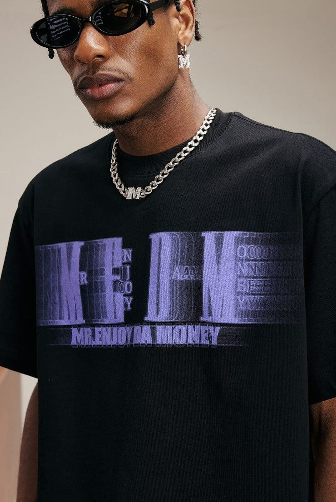 MEDM Glitch Logo Graphic Cotton T Shirt in Purple - On Male Model