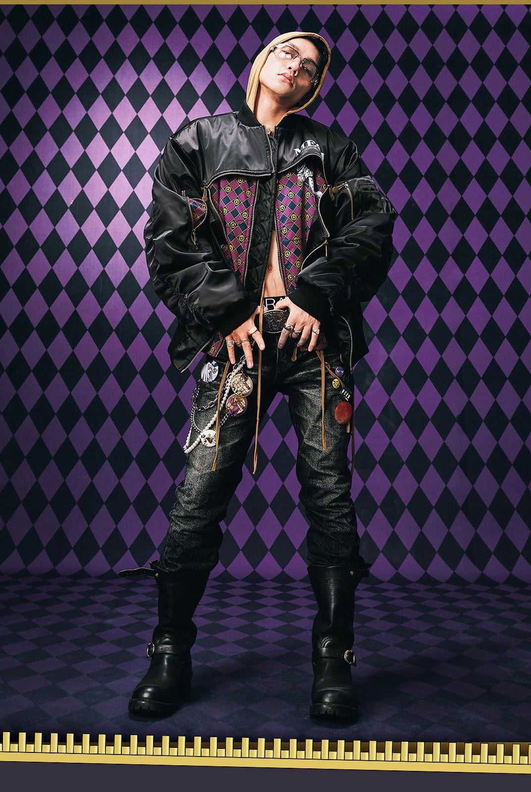 MEDM JoJo Collab Graphic Puffer Bomber in Black - On Male Model