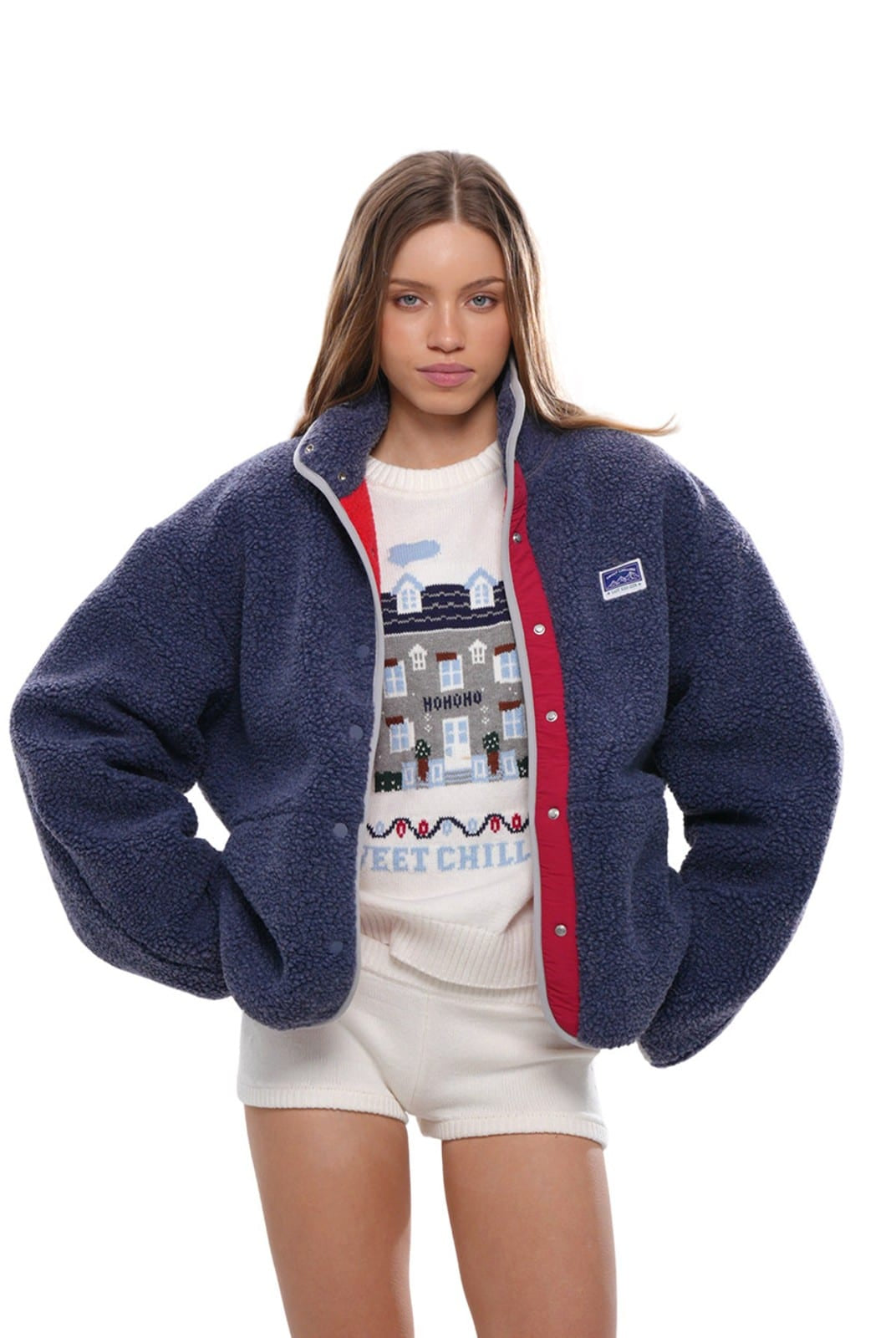 SweetChilling Double Layer Fleece High Collar Jacket in Navy Blue - On Female Model
