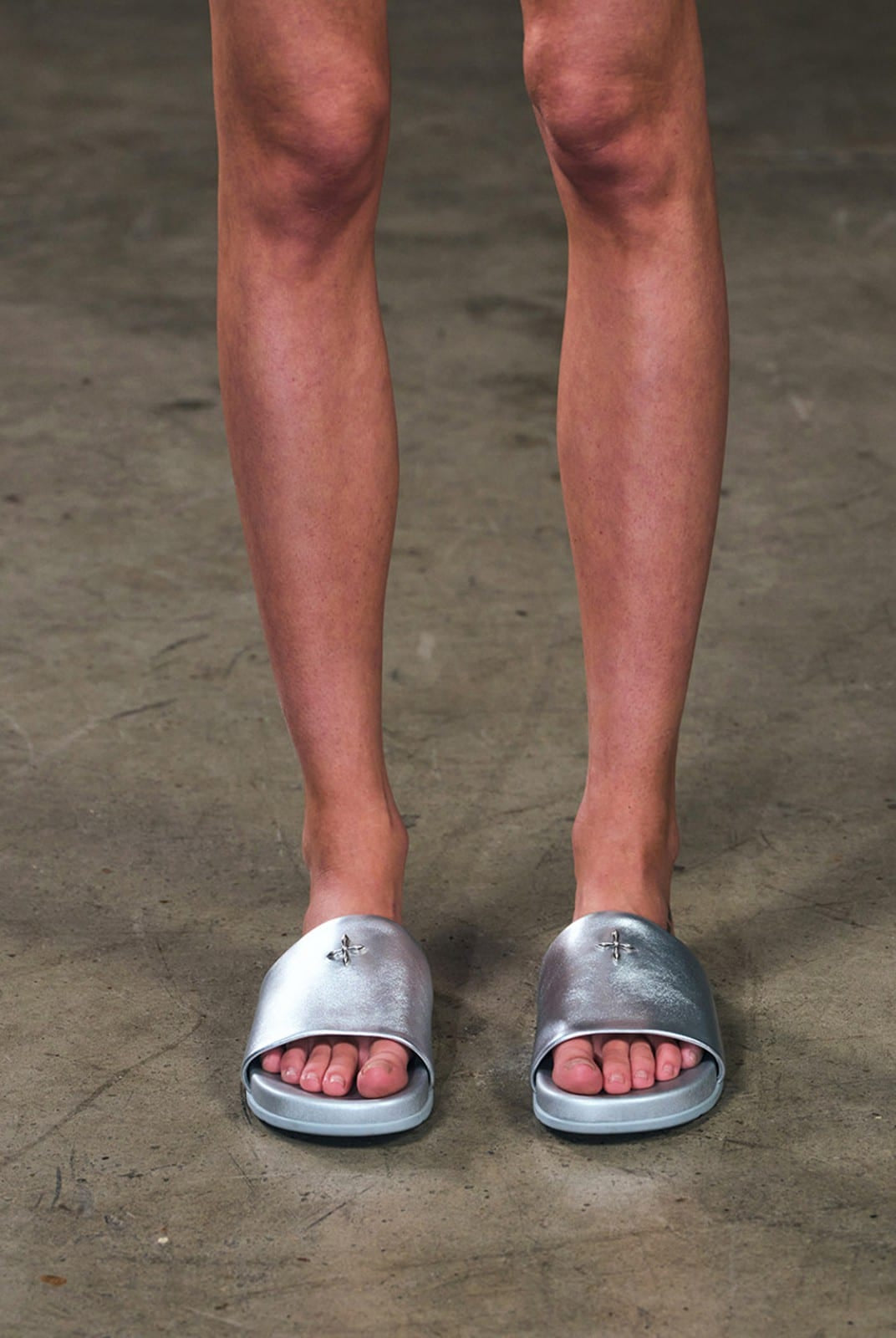 SMFK Leather Cross Detail Slide Sandals in Gray - On Model