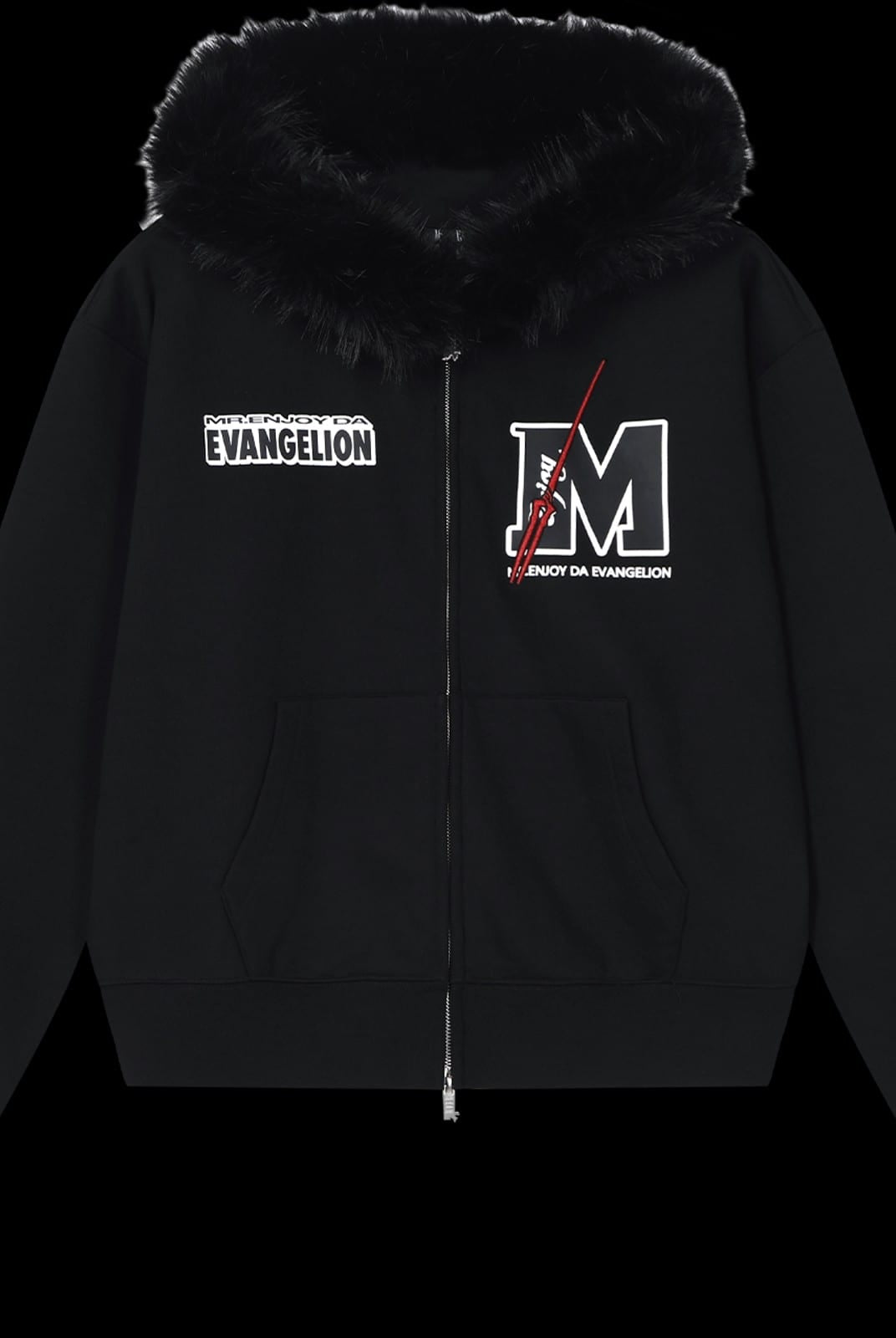 MEDM Faux Fur Trimmed Graphic Zip Hoodie in Black