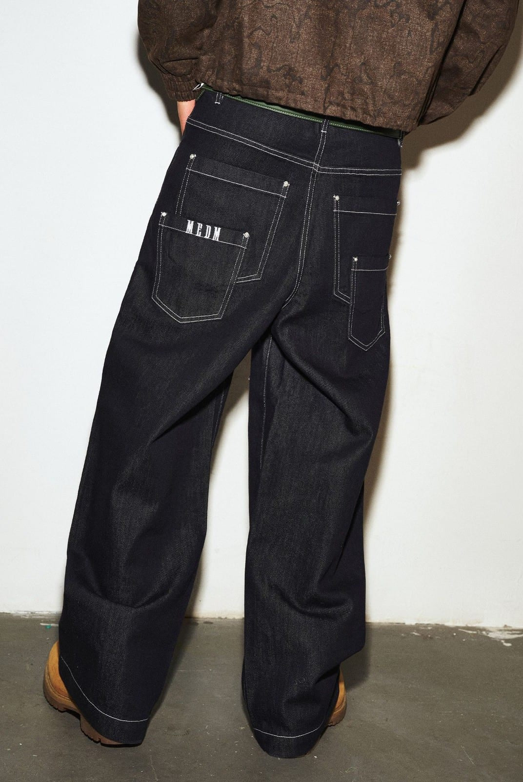 MEDM Contrast Stitch Denim Cargo Jeans in Navy Blue - On Model