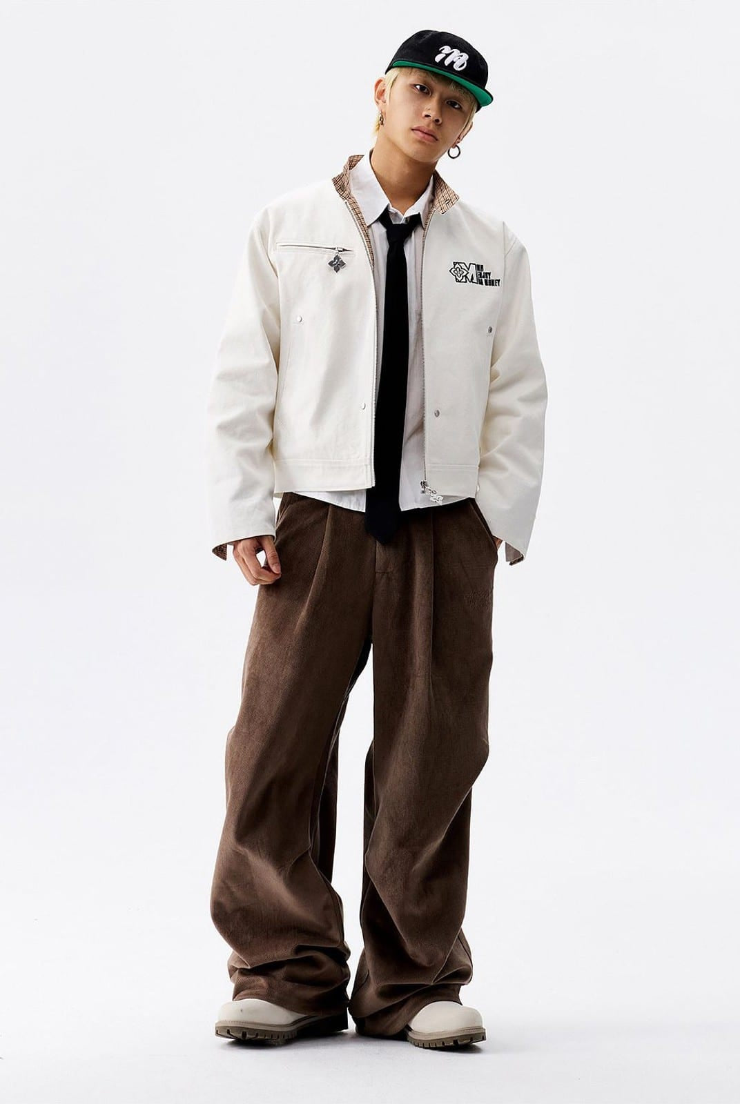 MEDM Plaid Collar Cotton Zip Up Jacket in White - On Male Model