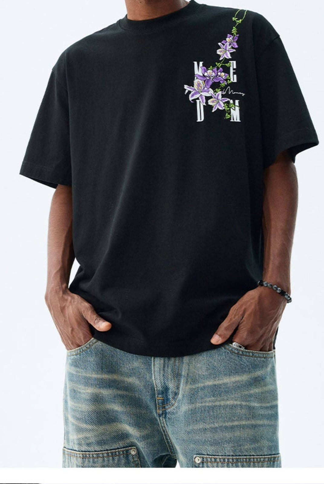 MEDM Floral Vine Embroidered T Shirt in Black - On Male Model