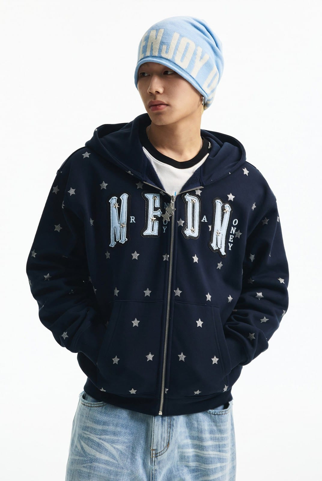 MEDM Fleece Lined Star Print Zip Hoodie in Navy Blue - On Male Model