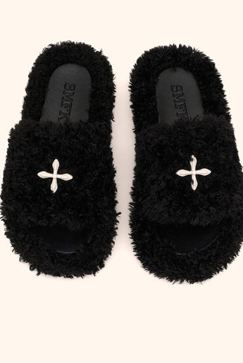 SMFK Cross Motif Faux Fur Platform Slides in Black