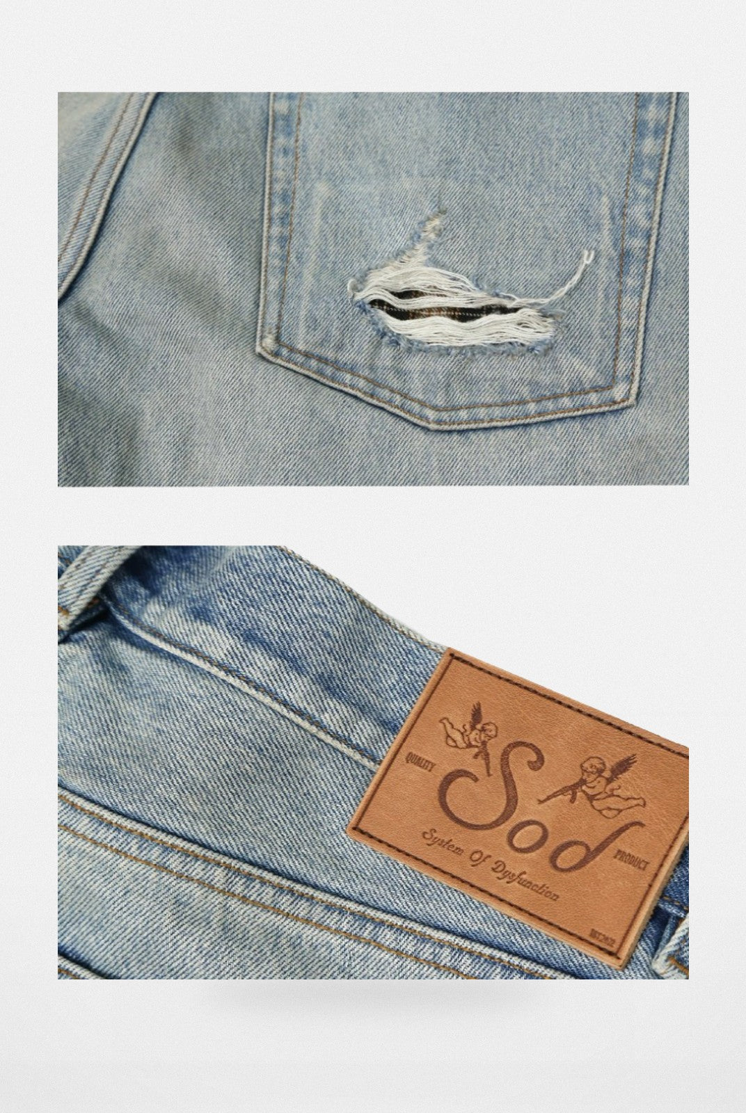 SOD Co. Patchwork Velvet Plaid Flare Jeans in Blue - Detail