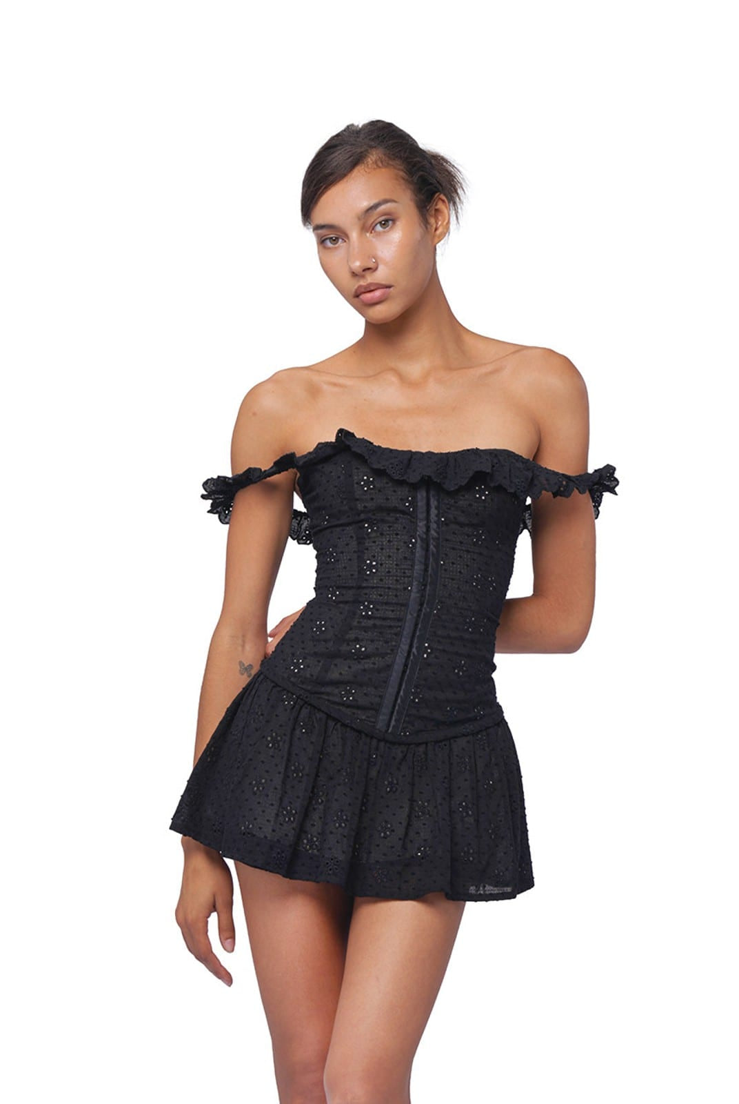 SweetChilling Cotton Eyelet Off Shoulder Mini Dress in Black - On Female Model