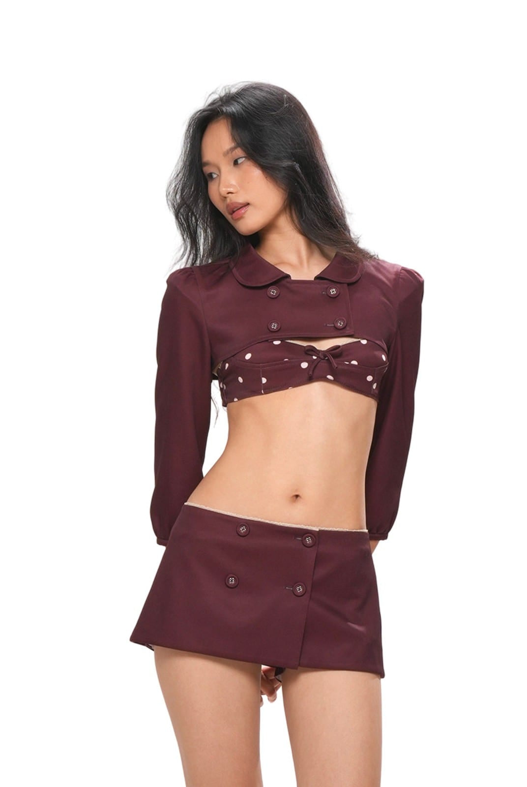 SweetChilling Double Breasted Polka Dot Mini Skirt in Brown - On Female Model