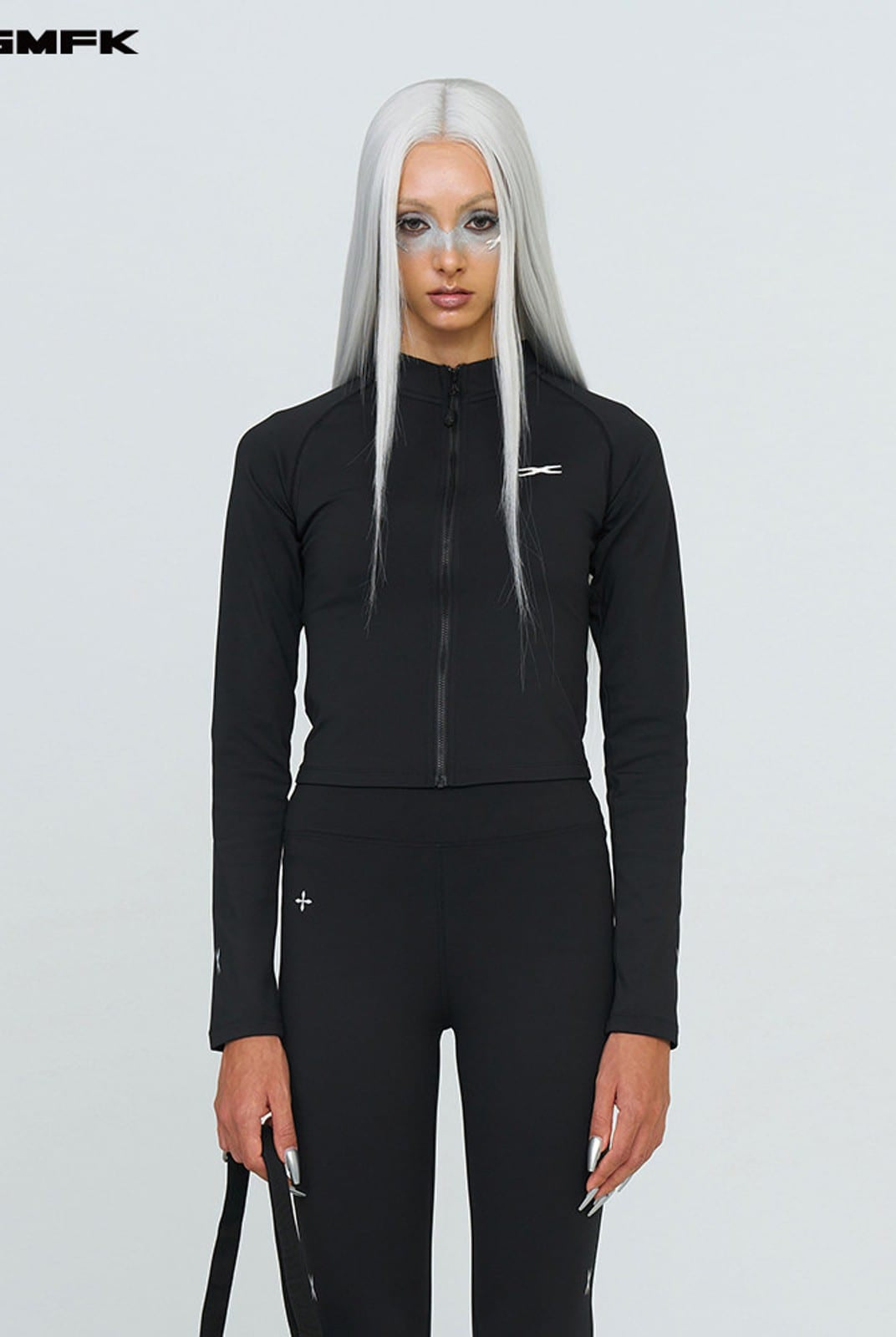 SMFK Brushed Fleece Zip Up Cropped Jacket in Black - On Female Model