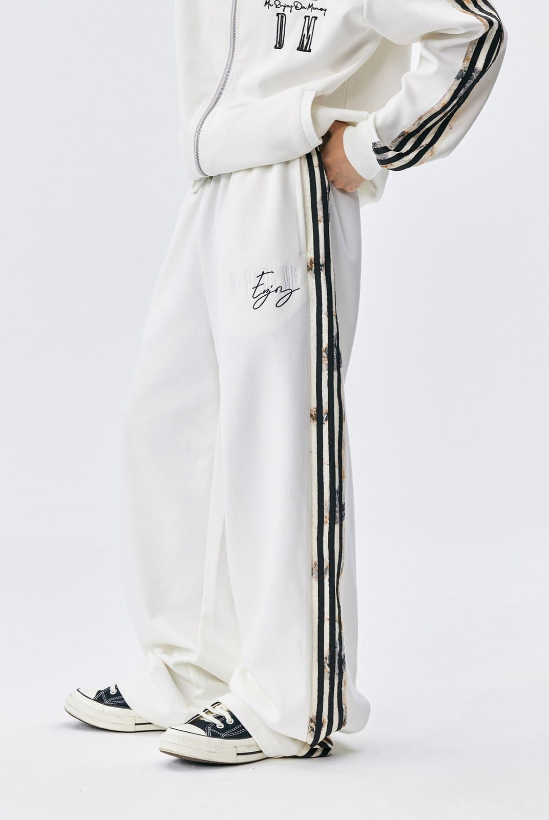 MEDM Lace Paneled Striped Track Pants in White - On Model