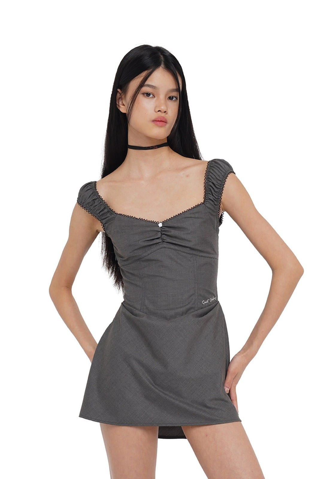 SweetChilling Off the Shoulder Corset Mini Dress in Gray - On Female Model