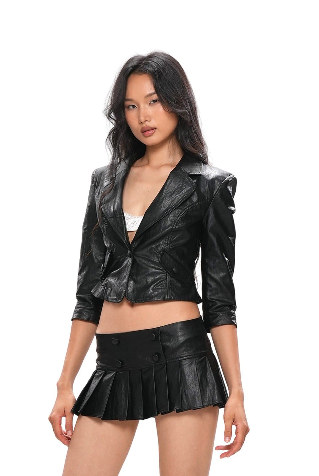 SweetChilling Glossy Faux Leather Cropped Jacket in Black - On Female Model