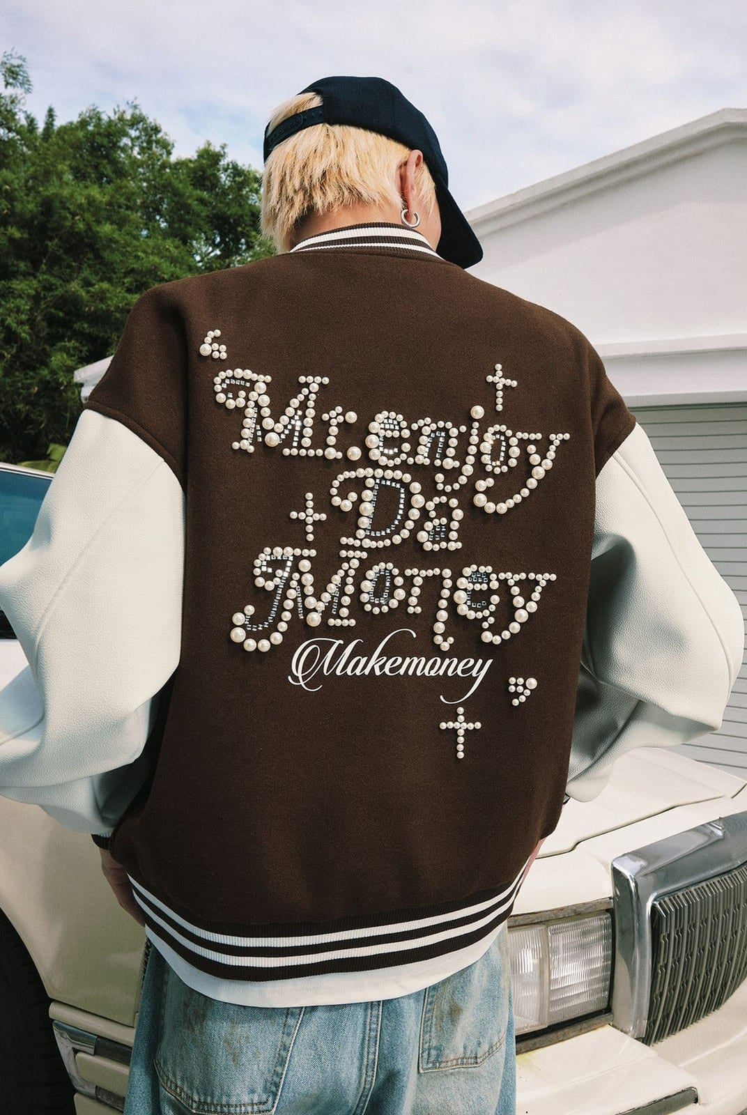 MEDM Pearl Embellished Varsity Jacket in Brown - On Model