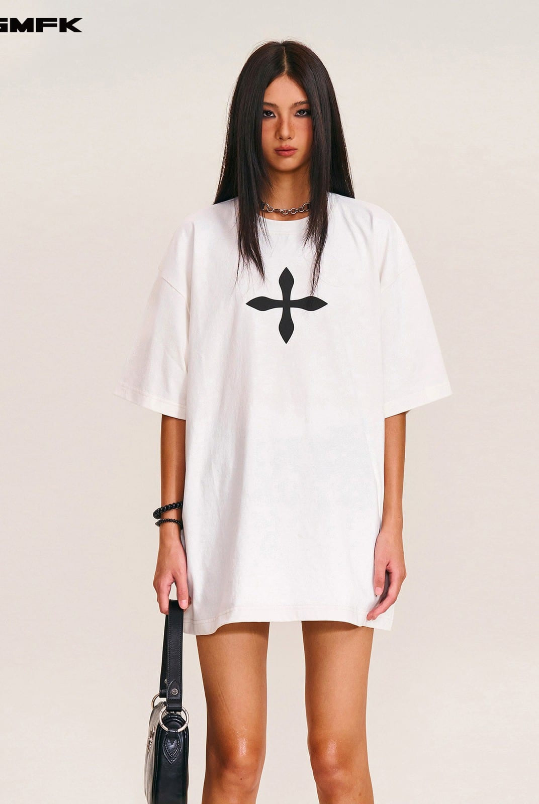 SMFK Cross Graphic 100 Cotton T Shirt in White - On Female Model