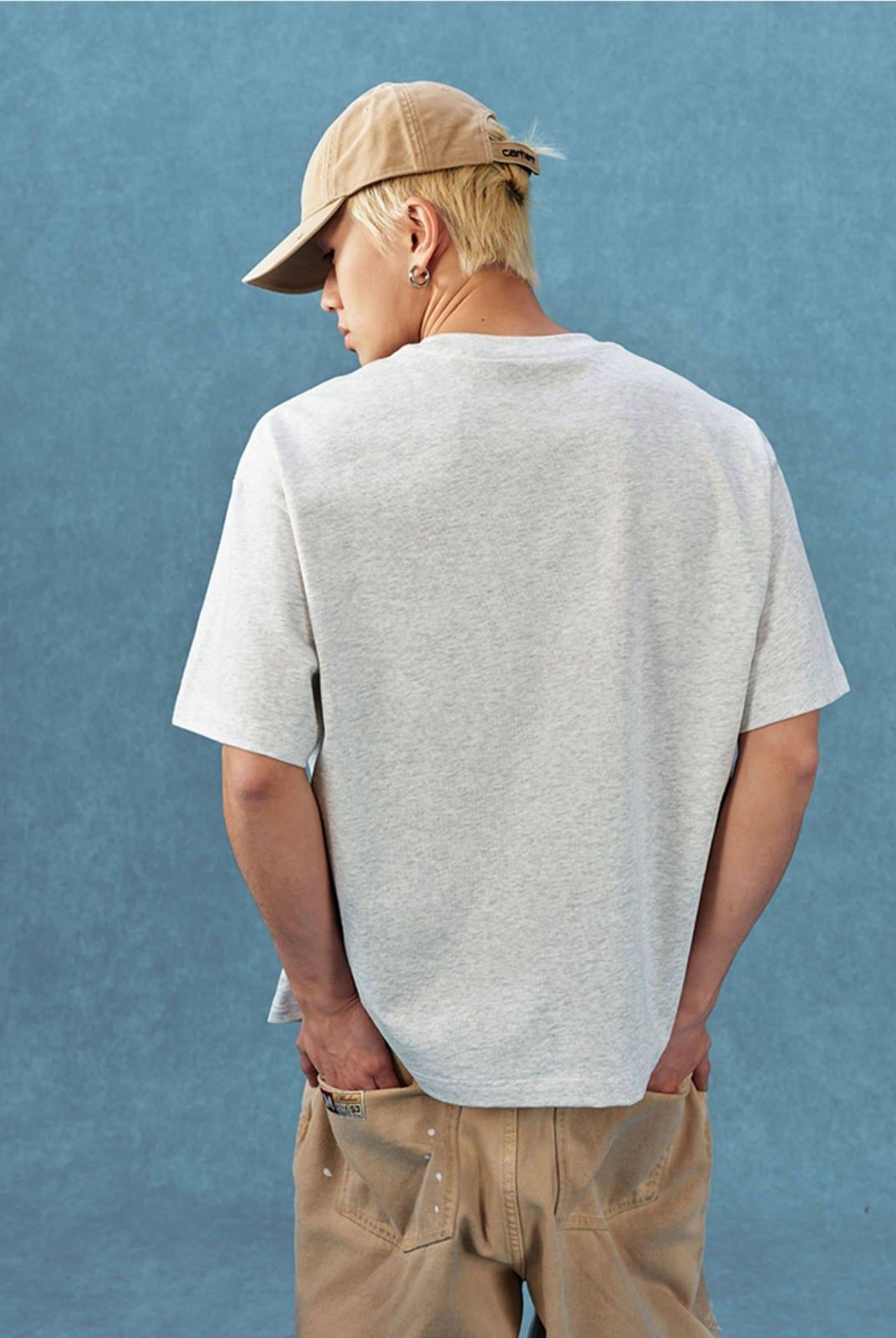 MEDM Letter Embroidery Cotton T Shirt in Gray - On Male Model