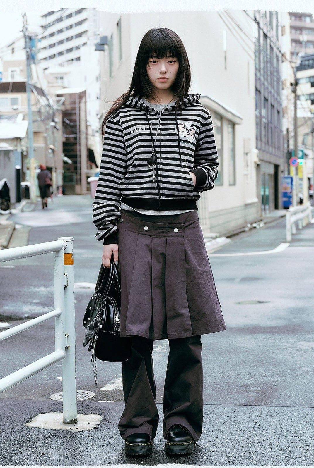 MEDM Cropped Striped Applique Zip Hoodie in Black - On Female Model