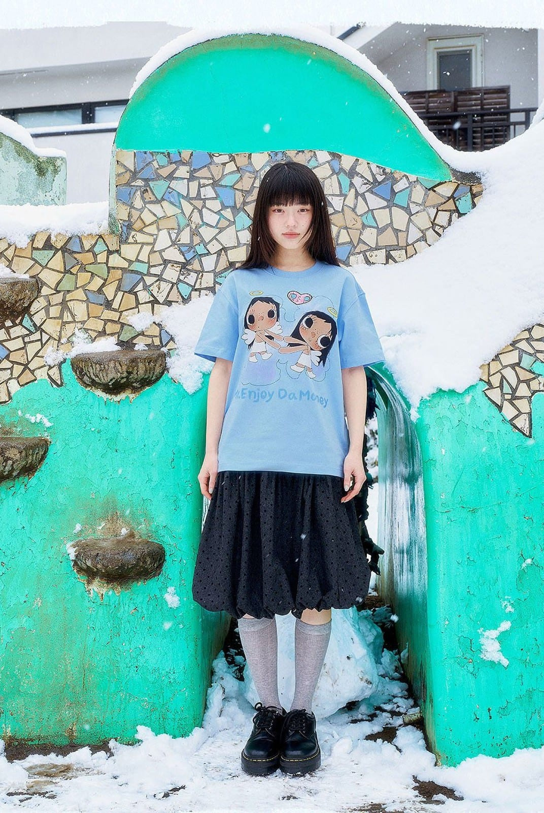MEDM Embroidered Heart Cotton T Shirt in Sky Blue - On Female Model