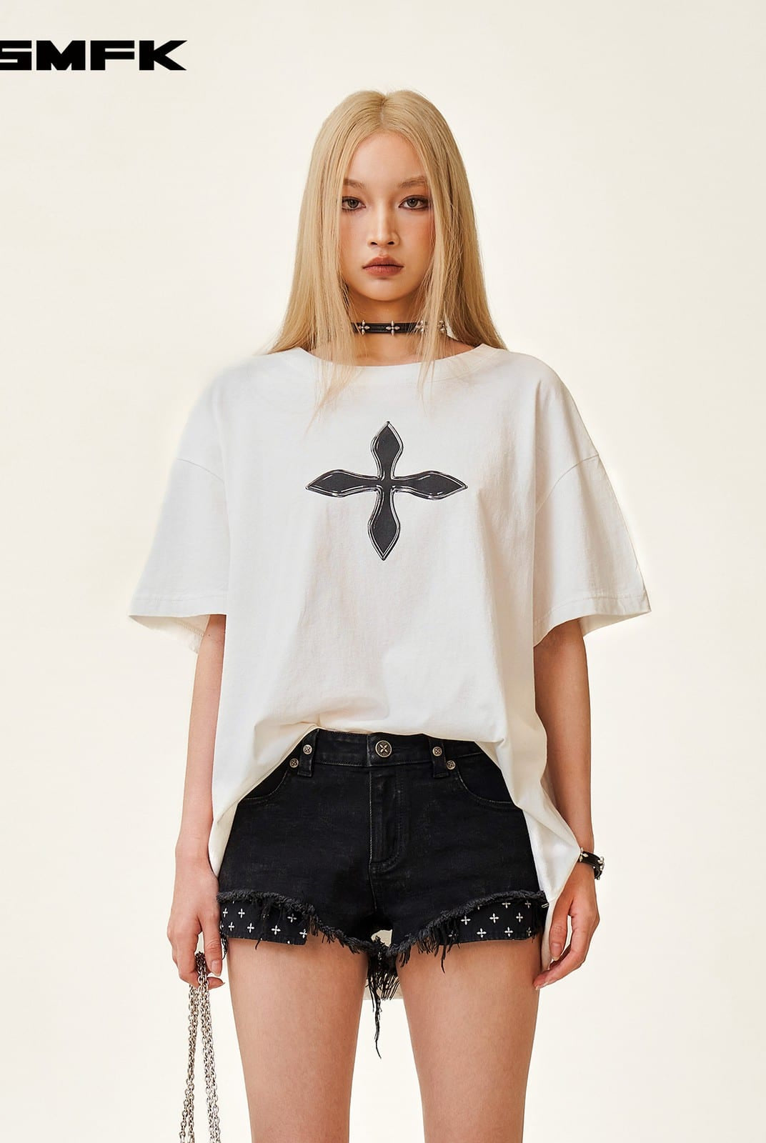 SMFK Cross Graphic Cotton T Shirt in White - On Female Model