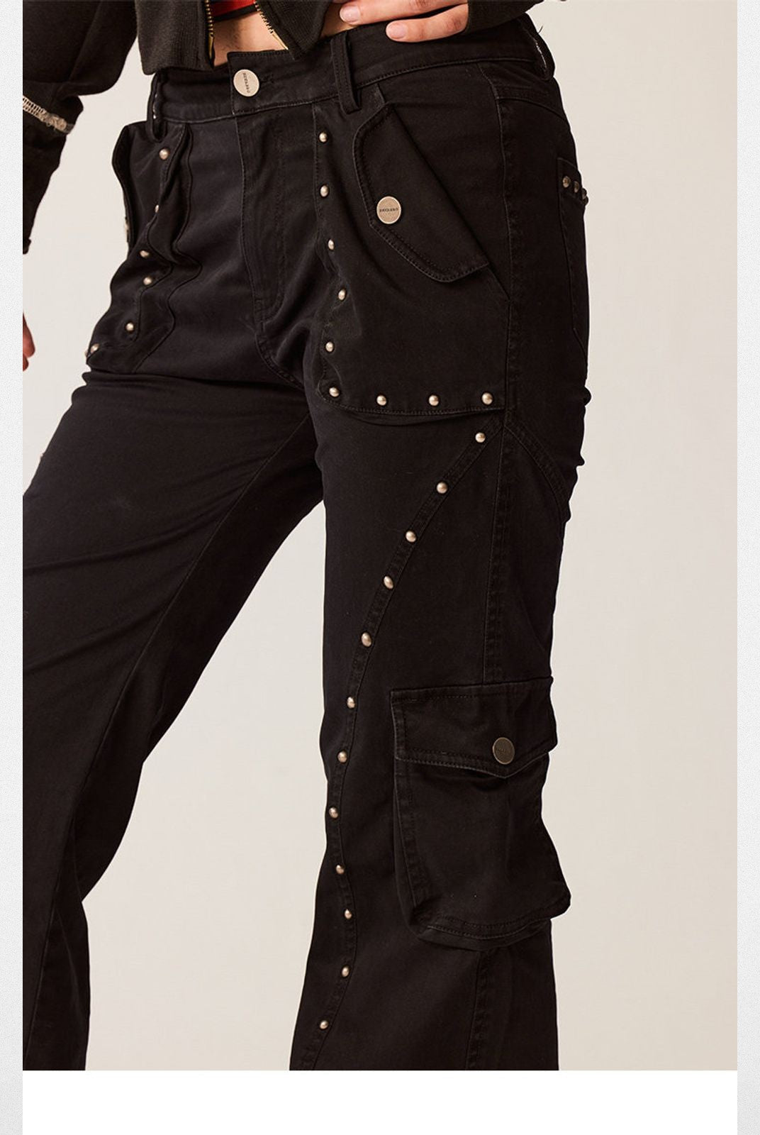 BeerBro Riveted Cargo Flare Pants in Black - On Female Model